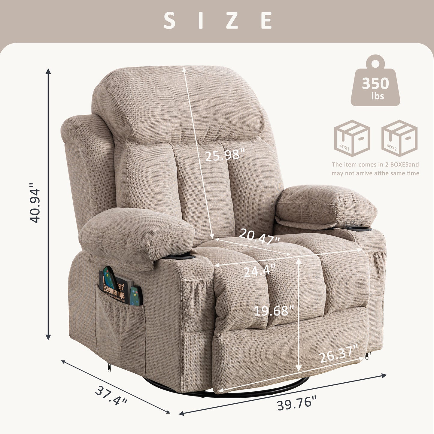 SYNGAR Oversized Recliner Chair, 360° Swivel Rocker Reclining Chair with Massage and Heat Function, USB, Cup Holders and Side Pockets, Living Room Single Sofa Seat Nursery Lounge Chair, Grey