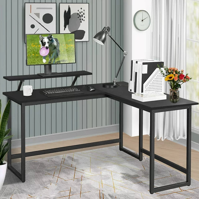 L-Shaped Computer Desk, Industrial Office Corner Desk, 58" Writing Study Table, Wood Tabletop Home Gaming Desk with Metal Frame, Large 2 Person Table for Home Office Workstation