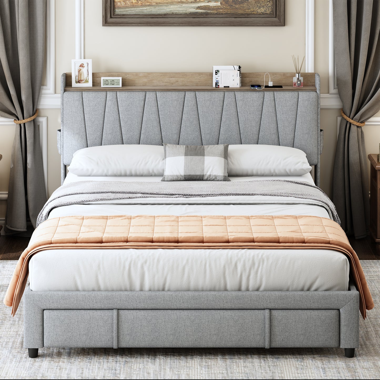 SYNGAR Full Bed Frame with Upholstered Storage Headboard, Full Size Platform Bed Frame with LED Light and Charing Station, Bedroom Furniture Metal Bed Frame, No Box Spring Needed, Gray