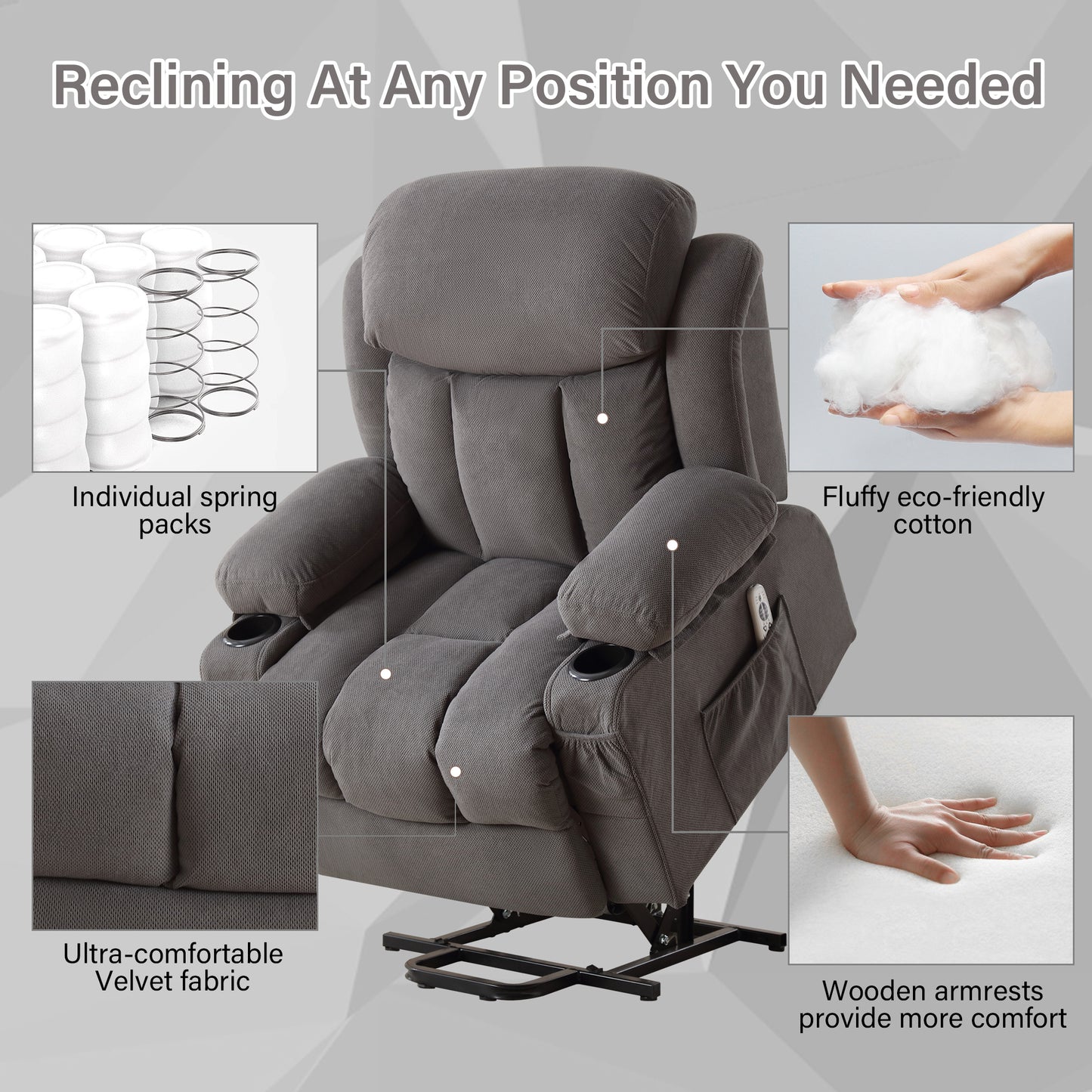 SYNGAR Power Lift Recliner Chair for Living Room, Electric Recliner Chair with Heat and Massage Function, USB Charge Port and Cup Holders, Oversized Velvet Reclining Sofa for Home Theater, Gray