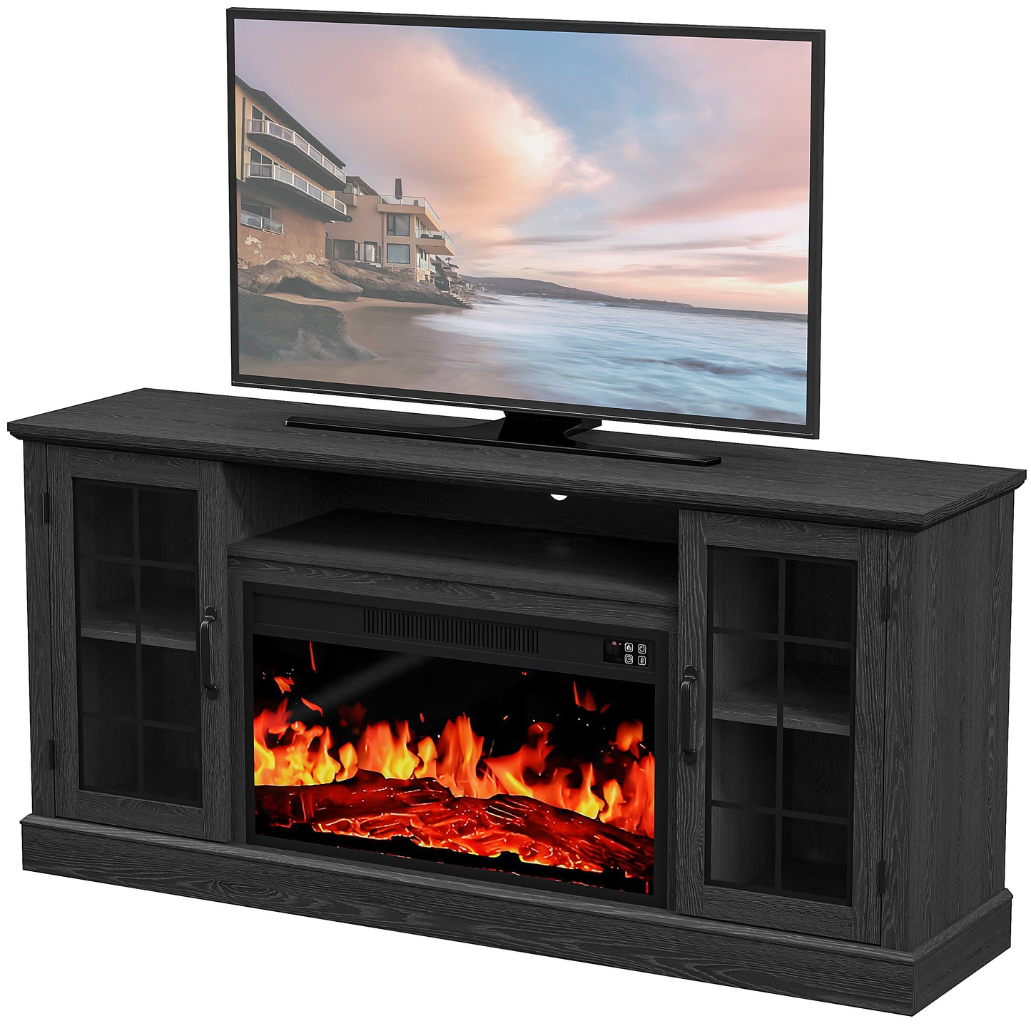 SYNGAR 63" Fireplace TV Stand for TVs up to 70" with 32" Electric Fireplace, Entertainment Center with LED, Modern Television Table Center With Remote Control for Living Room, Black