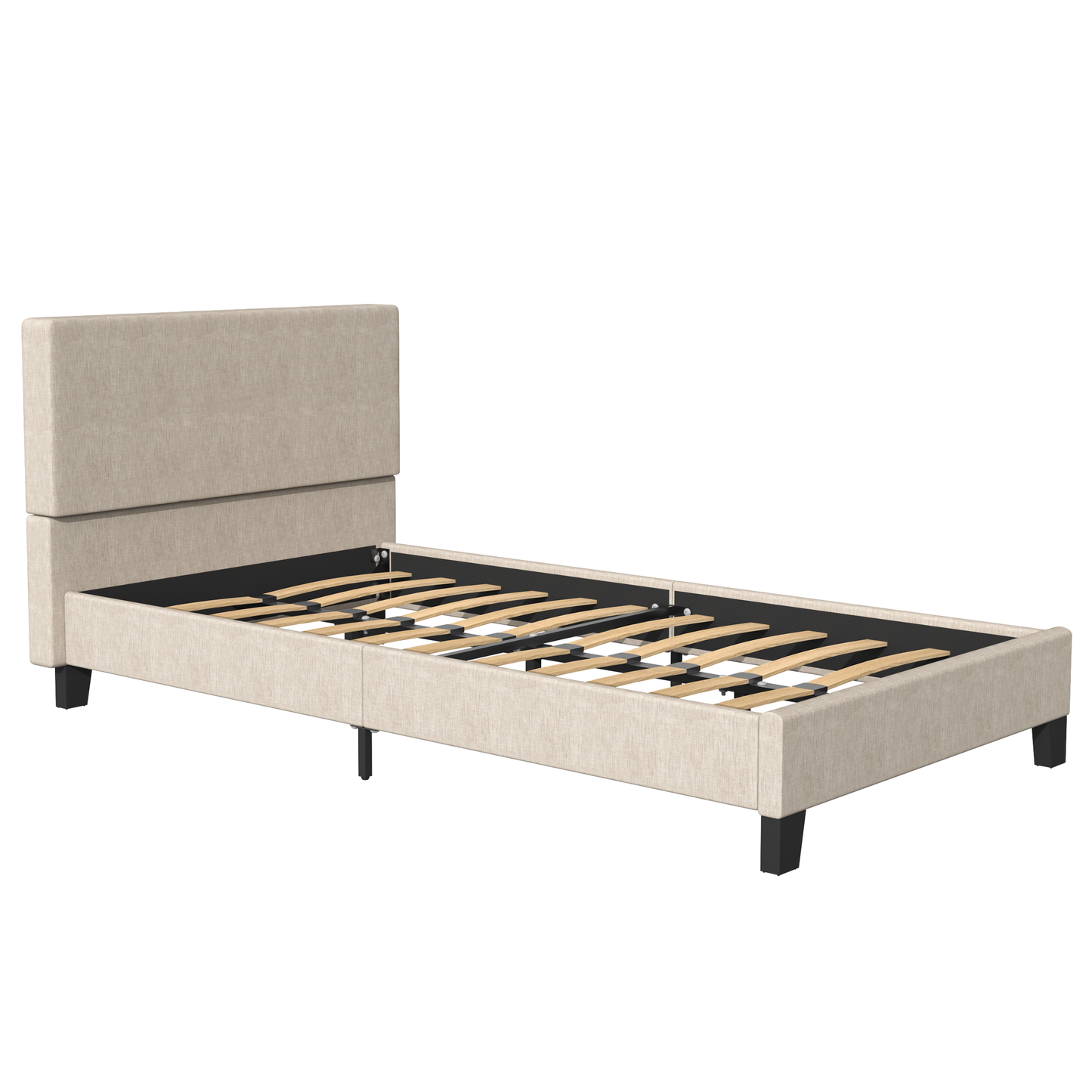 SYNGAR Beige Fabric Upholstered Platform Bed Frame Twin Size with Elegant Headboard, Metal Frame Bedroom Furniture with Strong Wooden Slat Support, No Box Spring Needed, Easy Assembly