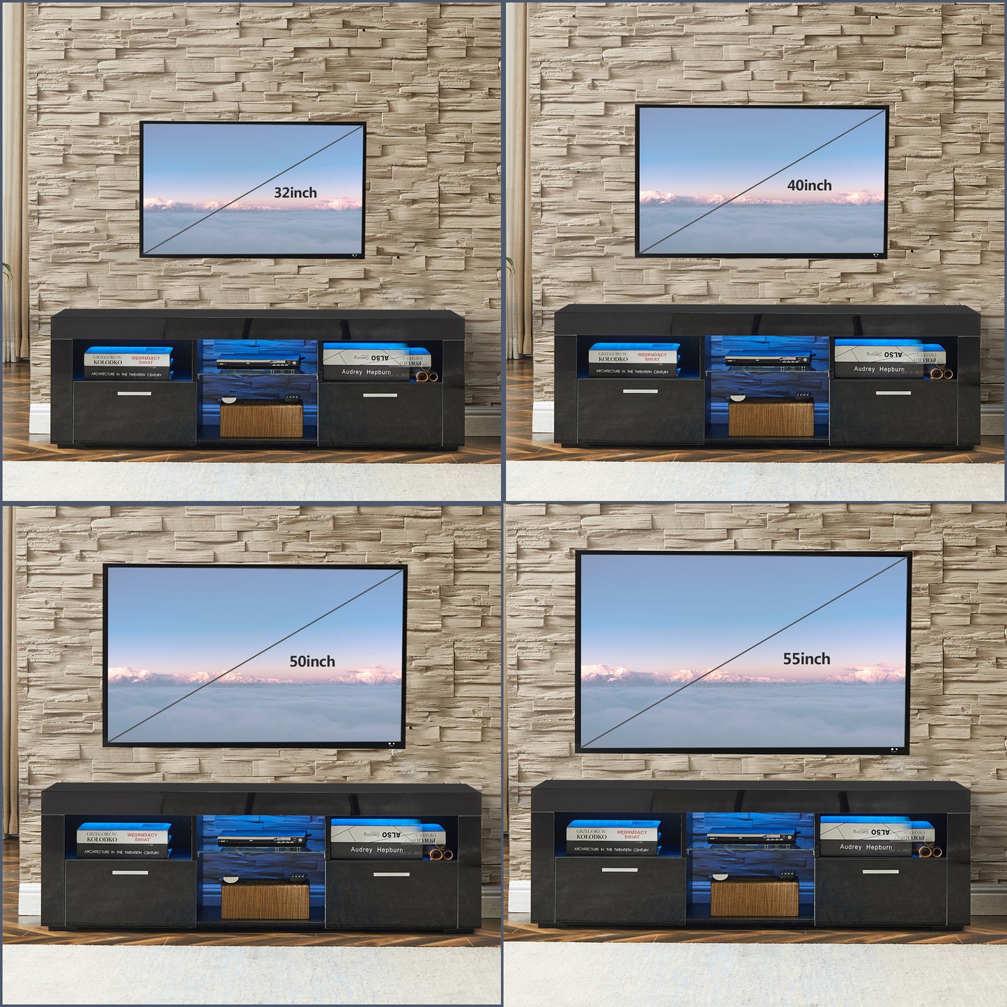 SYNGAR Black TV Stand for 55 inch TV, Modern High Glossy TV Console Table Stand with 16 Colors LED Lights, Living Room TV Table Stand Buffet Cabinet with Storage, 51"L×14" W×16"H