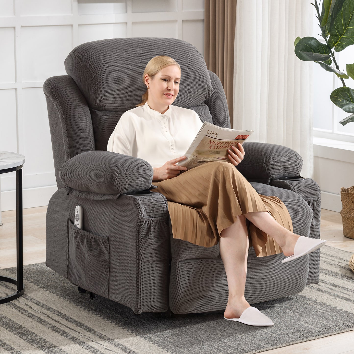 SYNGAR Power Lift Recliner Chair for Living Room, Electric Recliner Chair with Heat and Massage Function, USB Charge Port and Cup Holders, Oversized Velvet Reclining Sofa for Home Theater, Gray