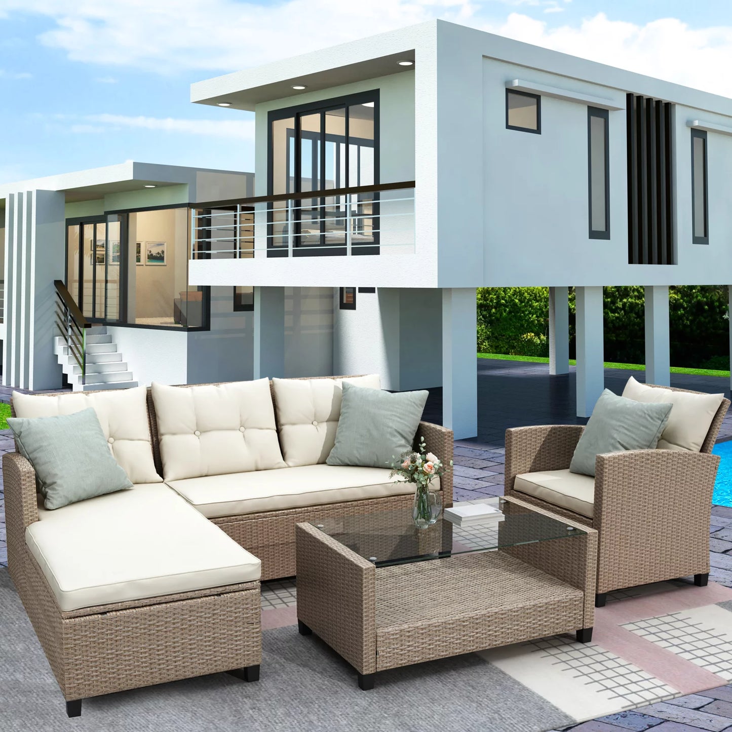 Rattan Patio Sofa Set, 4 Piece Outdoor Sectional Furniture Set, All-Weather PE Rattan Wicker Patio Conversation Set, Cushioned Sofa Set with Glass Table for Garden Pool Deck Porch, K2821