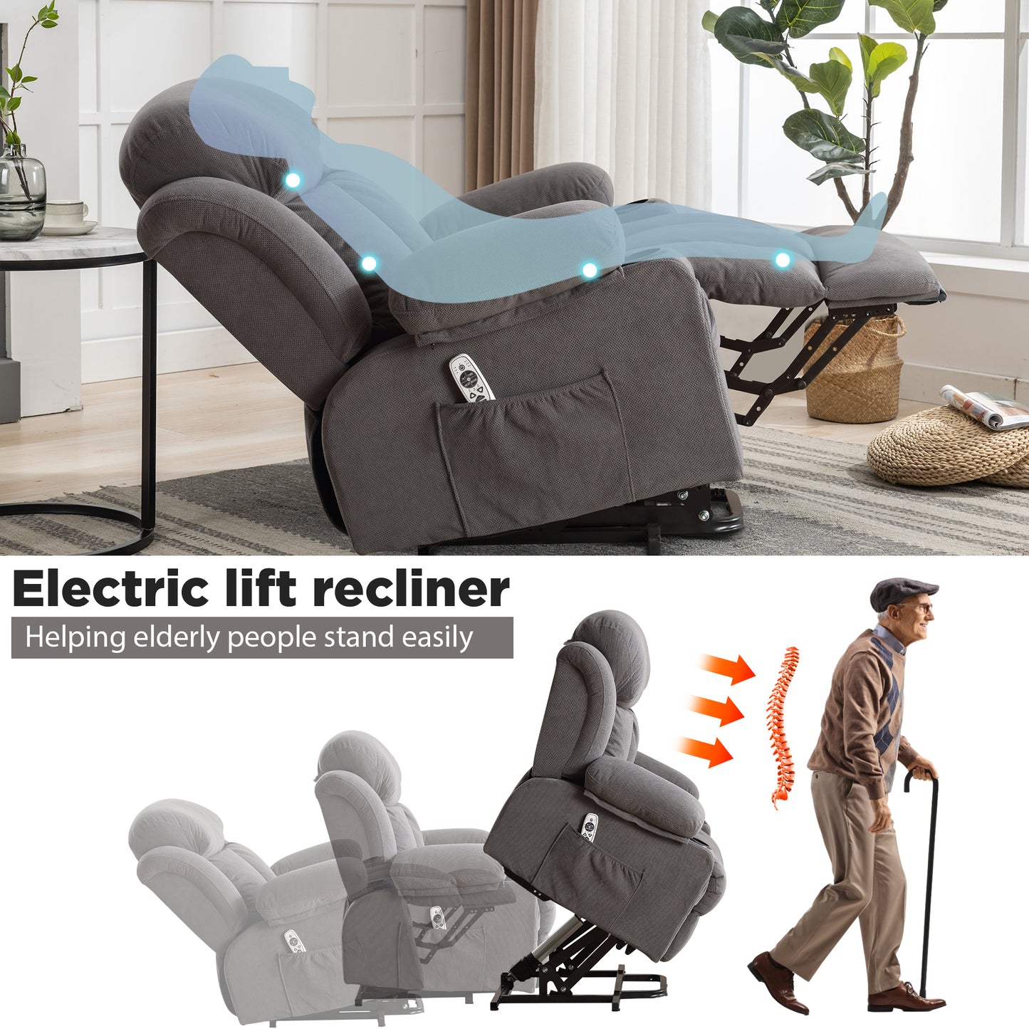 SYNGAR Power Lift Recliner Chair for Living Room, Electric Recliner Chair with Heat and Massage Function, USB Charge Port and Cup Holders, Oversized Velvet Reclining Sofa for Home Theater, Gray