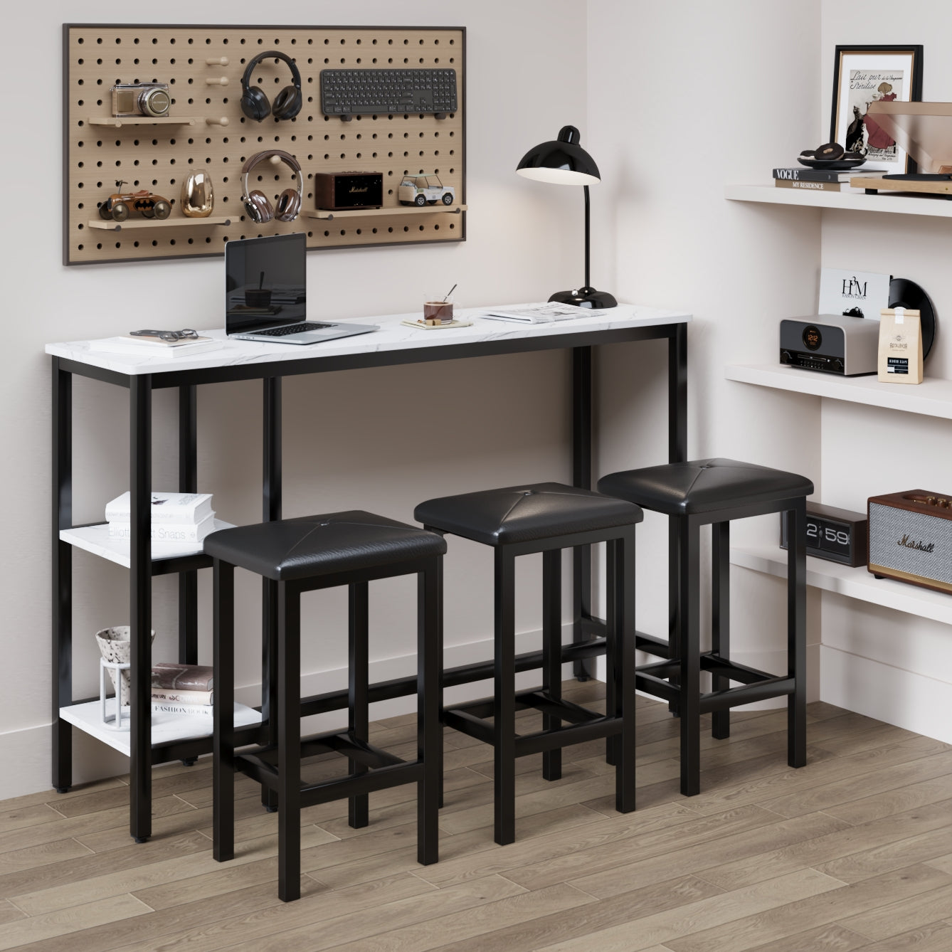 Syngar Counter Height Bar Table Set, Modern 4 Piece Dining Table Set, Long Pub Table and 3 Cushioned Stools, 3-Person Dining Table and Stools Set, Kitchen Side Table Set for Breakfast