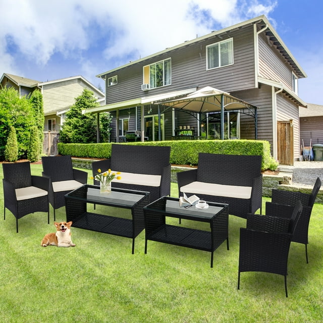 4 PCS Outdoor Patio Bistro Furniture Set, All-Weather Rattan Chair Set, Conversation Furniture Sets Clearance, Cushioned Seat & Glass Table, Bistro Table Set for Porch Garden Poolside Balcony