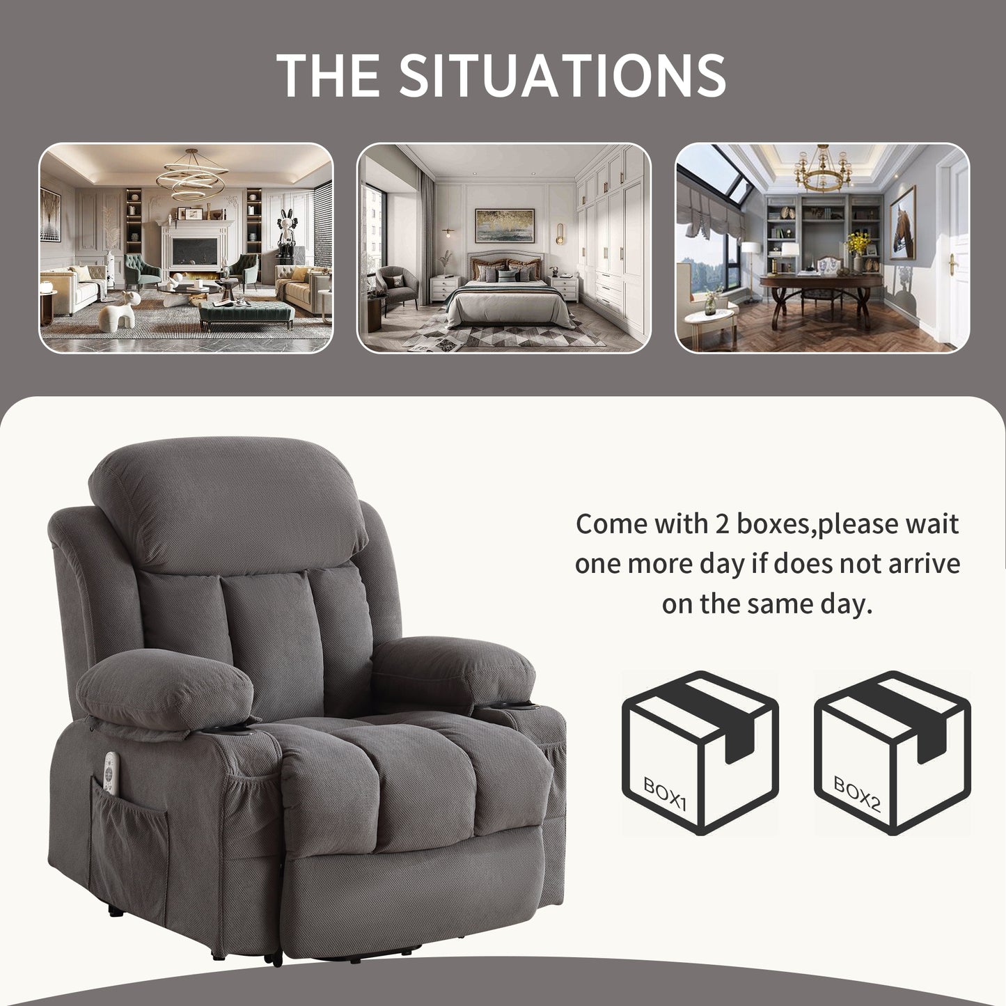 SYNGAR Power Lift Recliner Chair for Living Room, Electric Recliner Chair with Heat and Massage Function, USB Charge Port and Cup Holders, Oversized Velvet Reclining Sofa for Home Theater, Gray