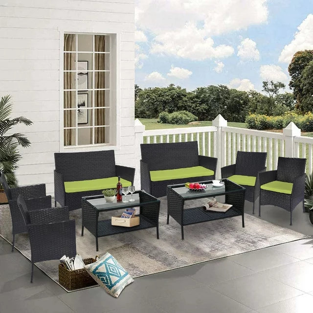 4 PCS Outdoor Patio Bistro Furniture Set, All-Weather Rattan Chair Set, Conversation Furniture Sets Clearance, Cushioned Seat & Glass Table, Bistro Table Set for Porch Garden Poolside Balcony