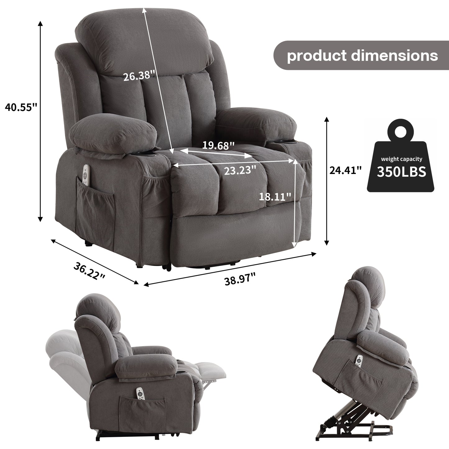 SYNGAR Power Lift Recliner Chair for Living Room, Electric Recliner Chair with Heat and Massage Function, USB Charge Port and Cup Holders, Oversized Velvet Reclining Sofa for Home Theater, Gray