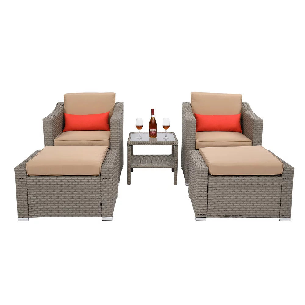 5 Pieces Outdoor Rattan Conversation Sets, Accent Chair with Ottoman Set, Patio Furniture Set with Arm Lounge Chair, Coffee Table and Ottomans for Living Room, Garden, Balcony, Backyard, TR03