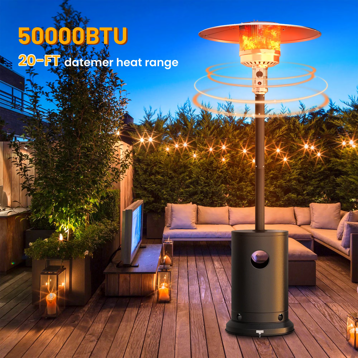 Propane Patio Heater with Wheels for Outdoor, SYNGAR 50,000 BTU Pyramid Gas Heater, Quartz Glass Tube Visual Flame Heater, ETL Approved, Sliver&Gray, D5105