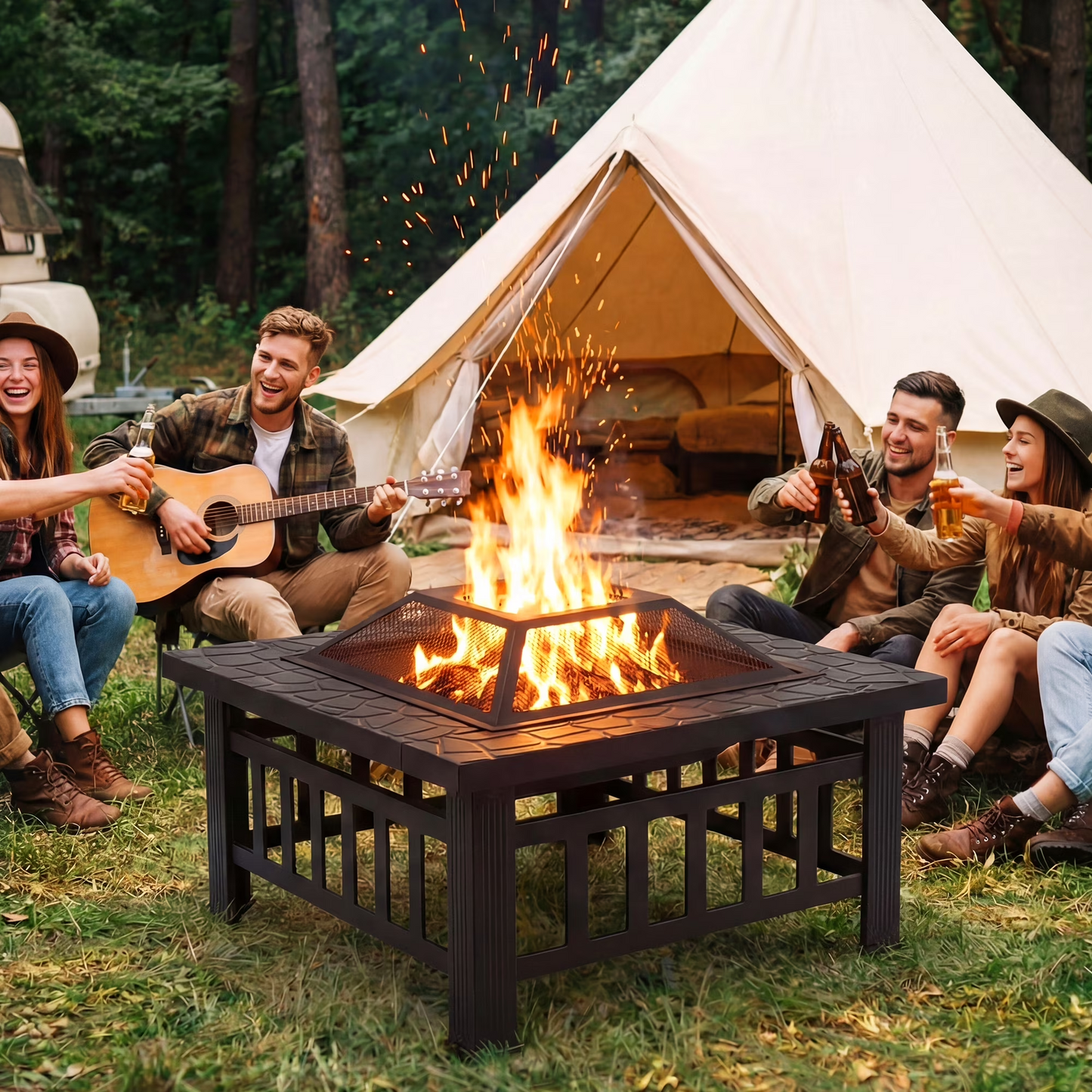 32" Fire Pits for Outside, SYNGAR Wood Burning Bonfire Fire Pit Table with Mesh Lid, Grate and Poker, Outdoor Metal Square Fire Pit for BBQ, Camping, Picnics, Backyard
