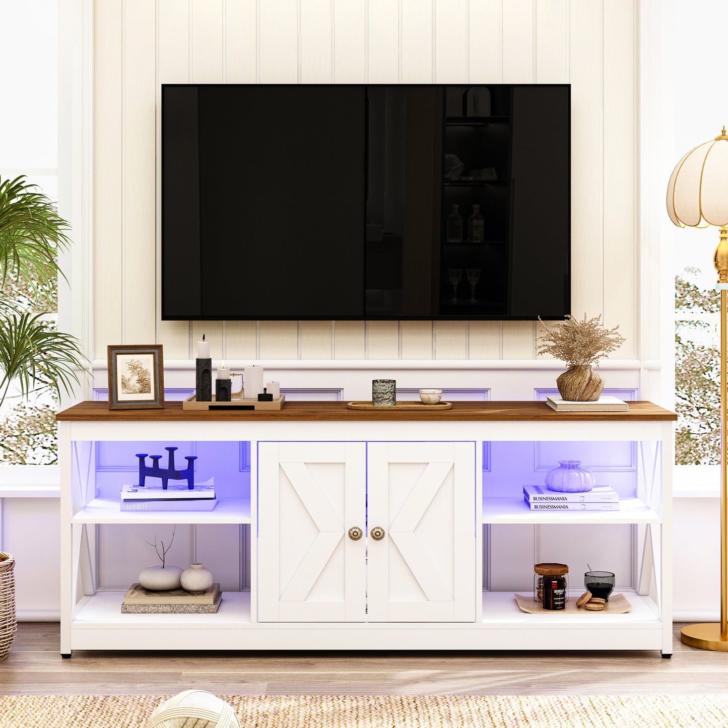 SYNGAR TV Stands for 60" TVs, Farmhouse TV Console with Remote Control LED Light, Wood TV Cabinet with Drawers and Adjustable Shelves, Entertainment Center, Vintage Handle, Anti-Skid Pad, White