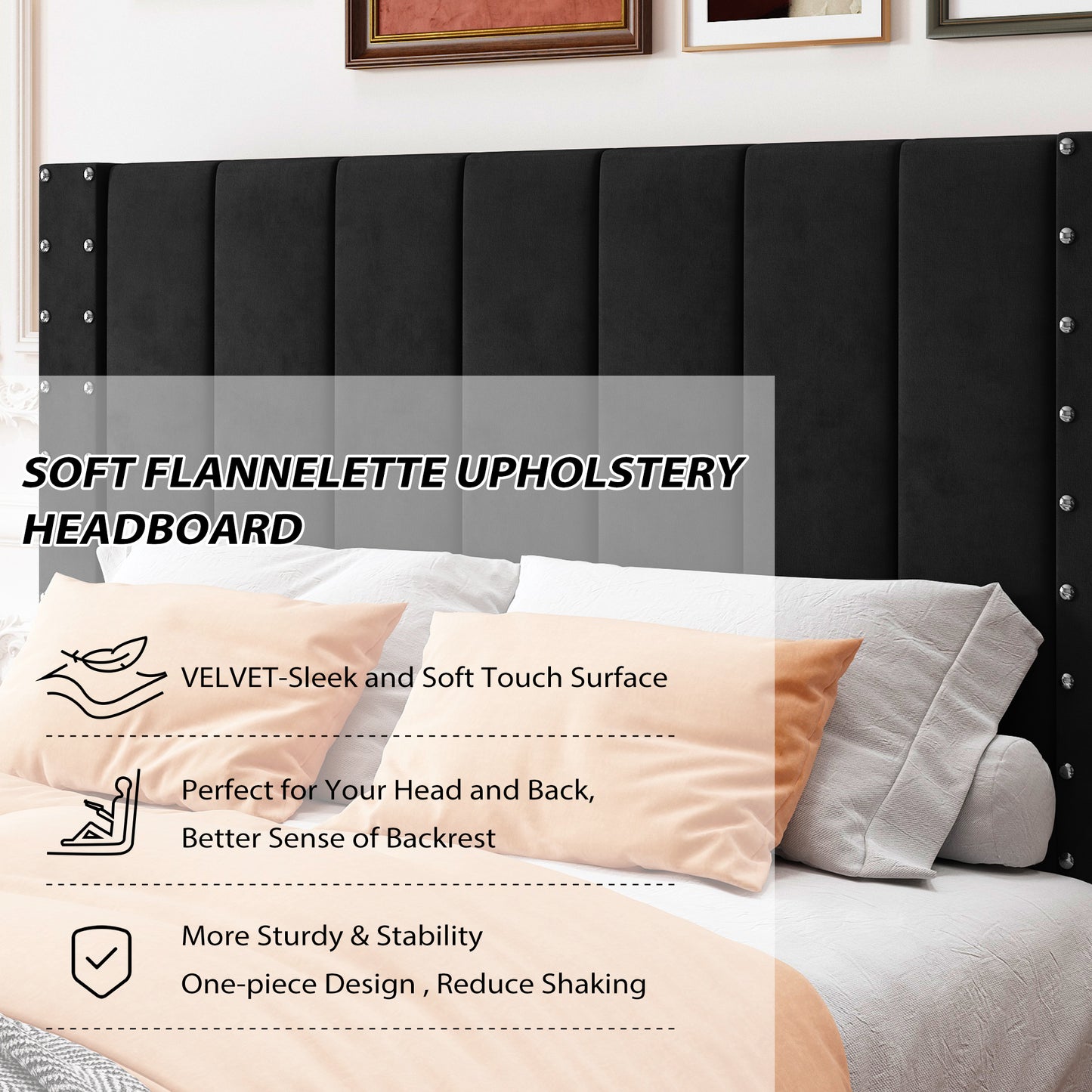 SYNGAR Full Bed Frame, Full Size Fabric Upholstered Platform Bed Frame with Rivets Vertical Channel Headboard, Bedroom Furniture Metal Frame Platform Bed Frame, No Box Spring Needed, Black
