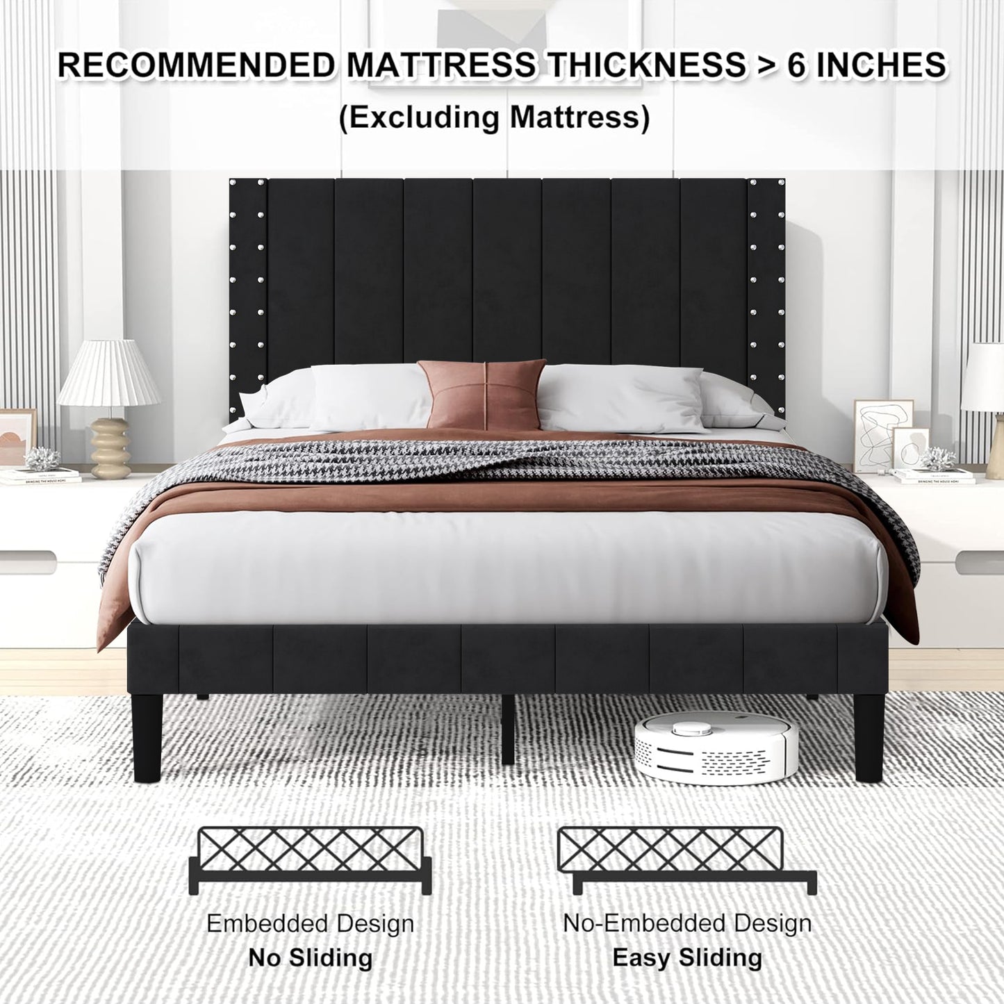 SYNGAR Full Bed Frame, Full Size Fabric Upholstered Platform Bed Frame with Rivets Vertical Channel Headboard, Bedroom Furniture Metal Frame Platform Bed Frame, No Box Spring Needed, Black