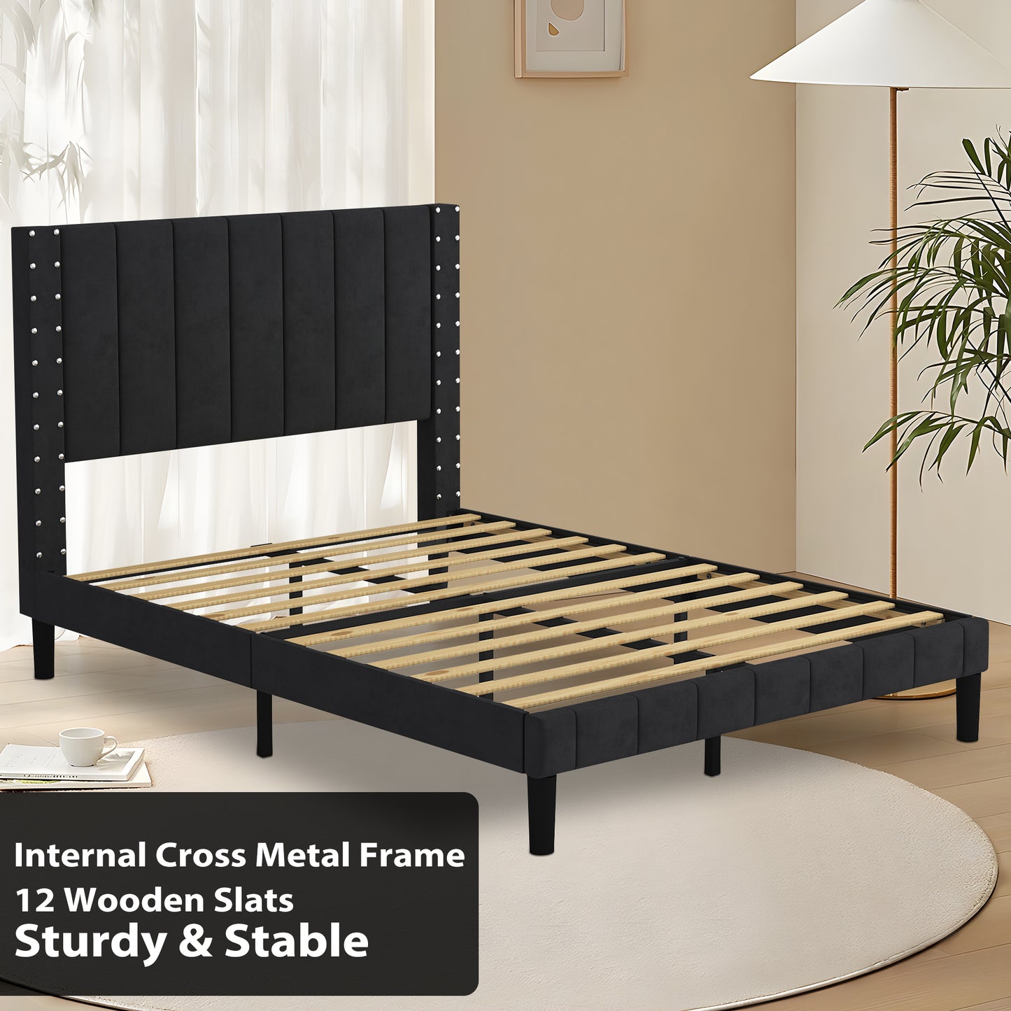 SYNGAR Full Bed Frame, Full Size Fabric Upholstered Platform Bed Frame with Rivets Vertical Channel Headboard, Bedroom Furniture Metal Frame Platform Bed Frame, No Box Spring Needed, Black
