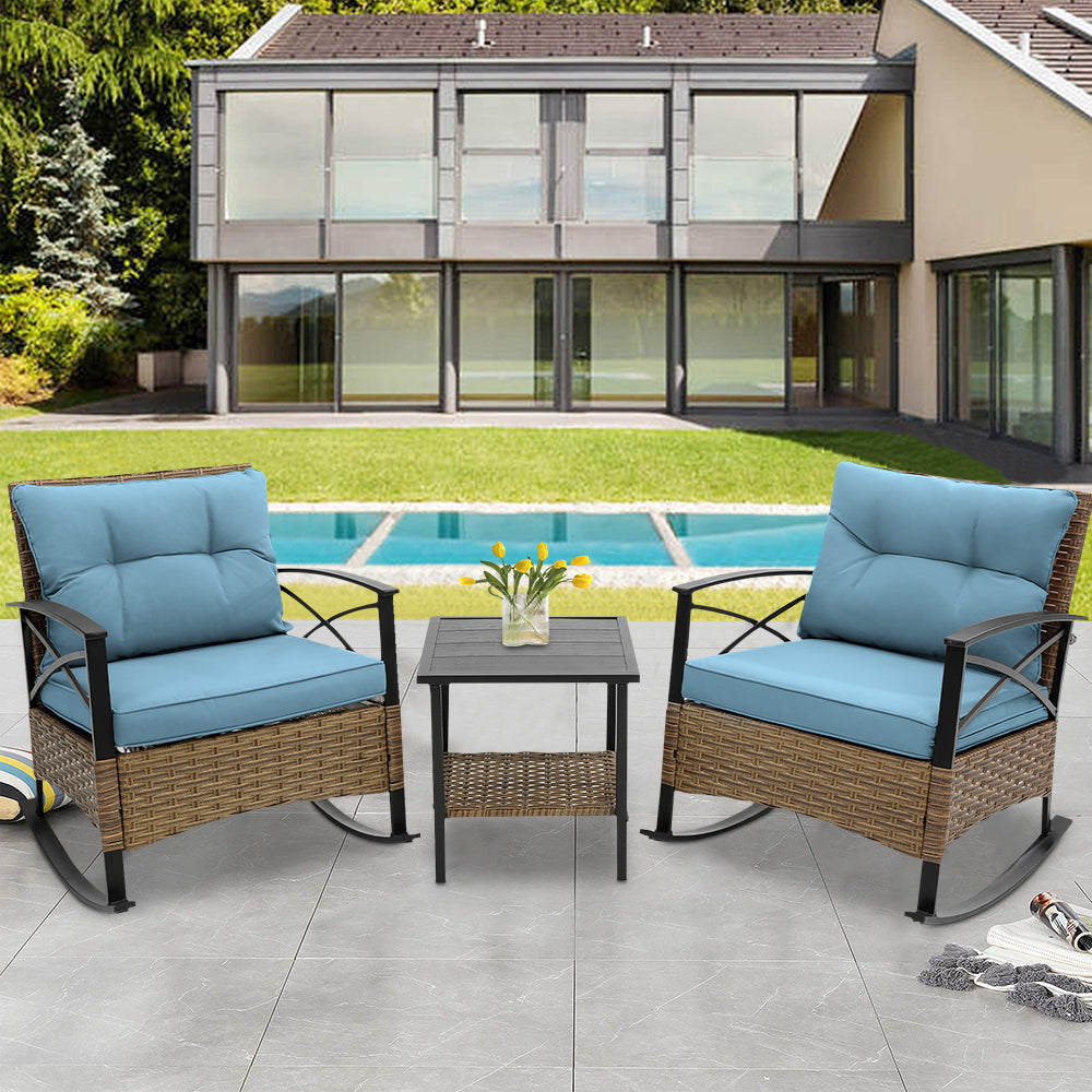 3 Piece Rocking Bistro Table Set, Steel Top Table W/ 2 Rocking Chairs Padded Seat, PE Rattan Bistro Set of 3, All-Weather Conversation Set for Outdoor Patio Poolside, Balcony - Gray