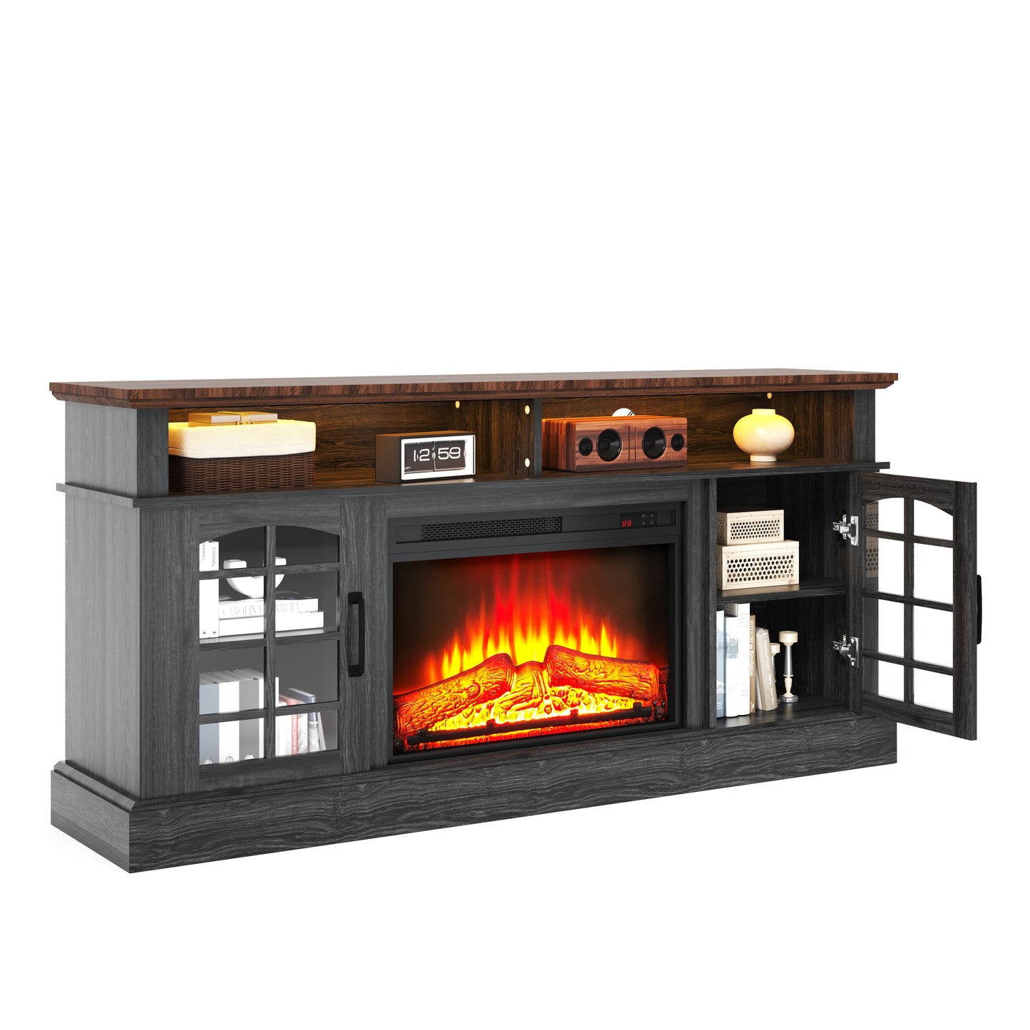 SYNGAR Fireplace Electric TV Stand for 65" TV with LED Light, Modern Entertainment Center With Remote Control Virtual Flame Fireplace, 2 Cabinet Storage, Glass Door, Storage Shelves, Black+Brown