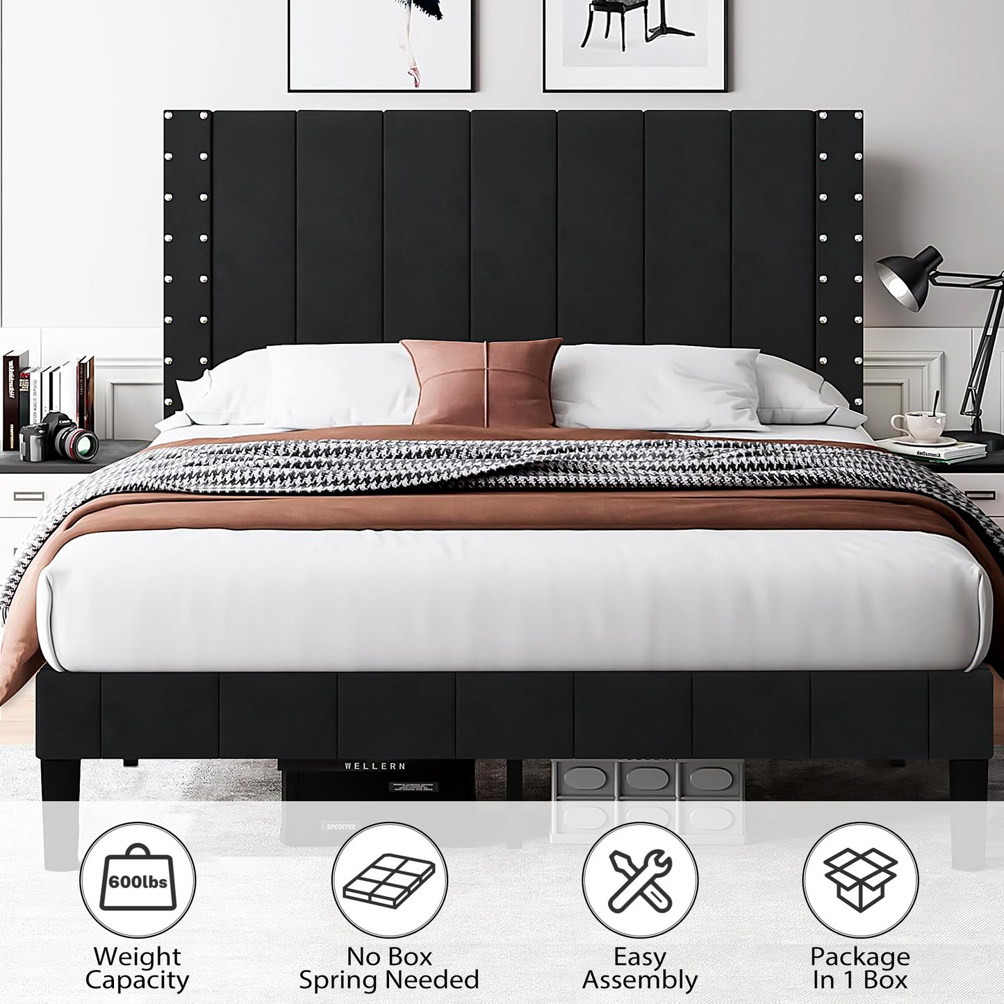 SYNGAR Full Bed Frame, Full Size Fabric Upholstered Platform Bed Frame with Rivets Vertical Channel Headboard, Bedroom Furniture Metal Frame Platform Bed Frame, No Box Spring Needed, Black