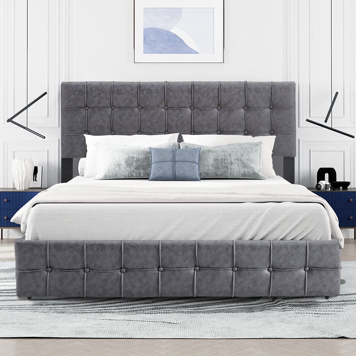 SYNGAR Queen Bed Frame, New Upgrade Queen Size Fabric Upholstered Platform Bed Frame with Button Tufted Headboard, Bedroom Furniture Metal Frame Platform Bed Frame, No Box Spring Needed, Dark Gray