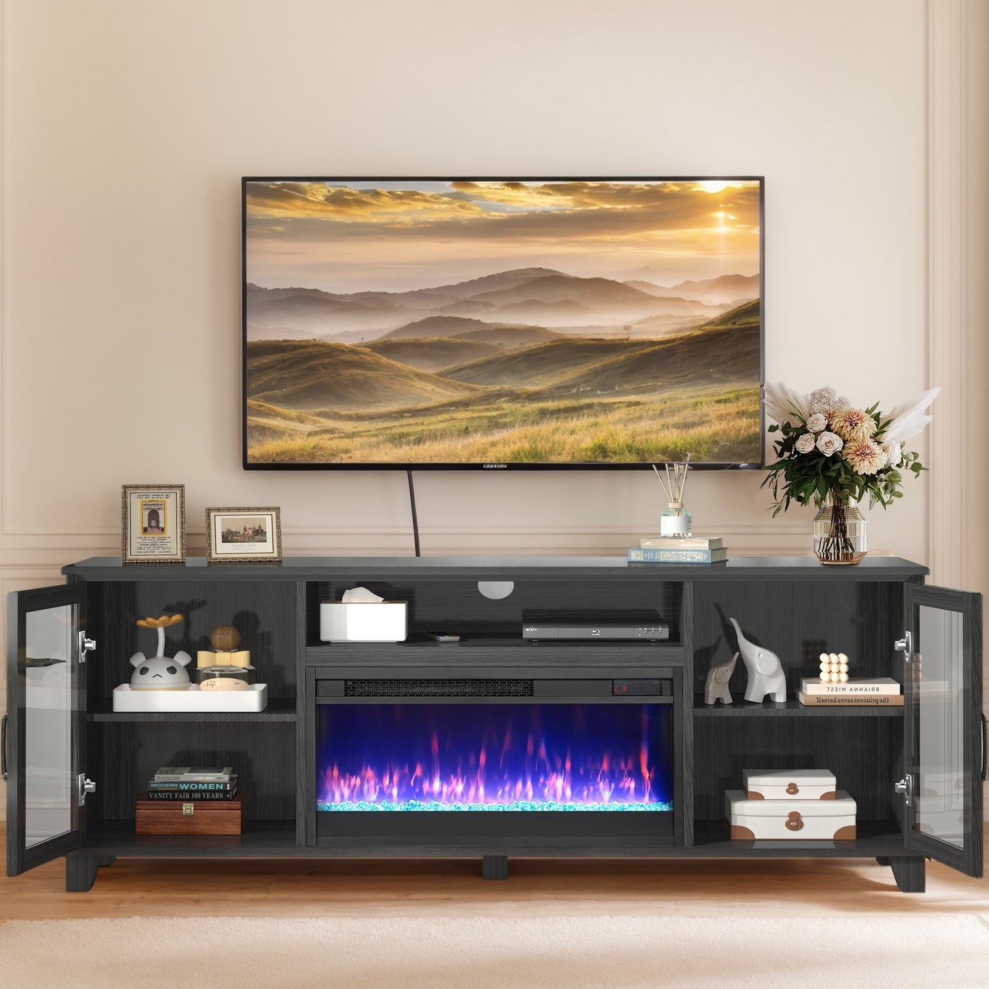 SYNGAR Electric Fireplace TV Stand for 65" TV, Wood Entertainment Center With Fireplace for Living Room, Modern TV Console with Storage Shelves and Glass Doors, Media Console, TV Cabinet, Espresso