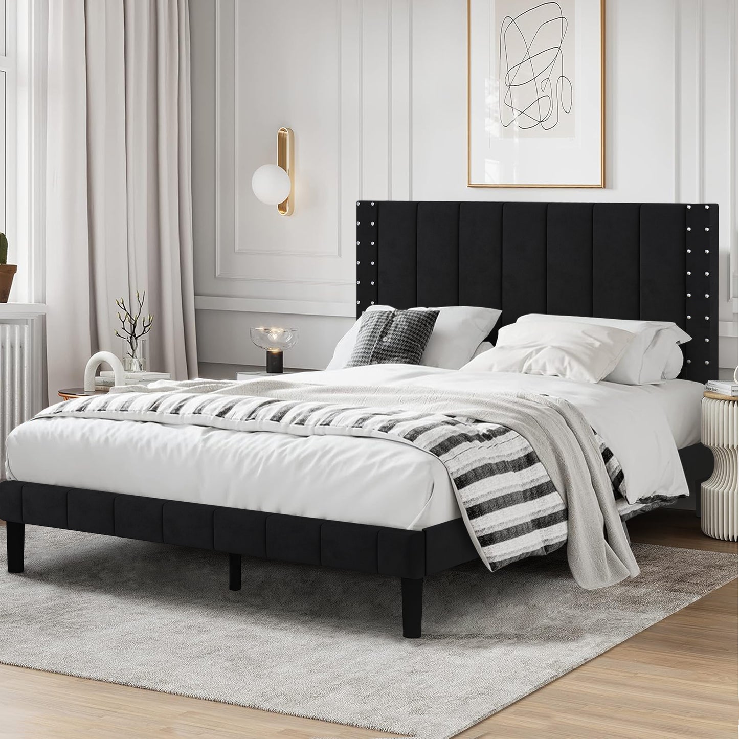 SYNGAR Full Bed Frame, Full Size Fabric Upholstered Platform Bed Frame with Rivets Vertical Channel Headboard, Bedroom Furniture Metal Frame Platform Bed Frame, No Box Spring Needed, Black