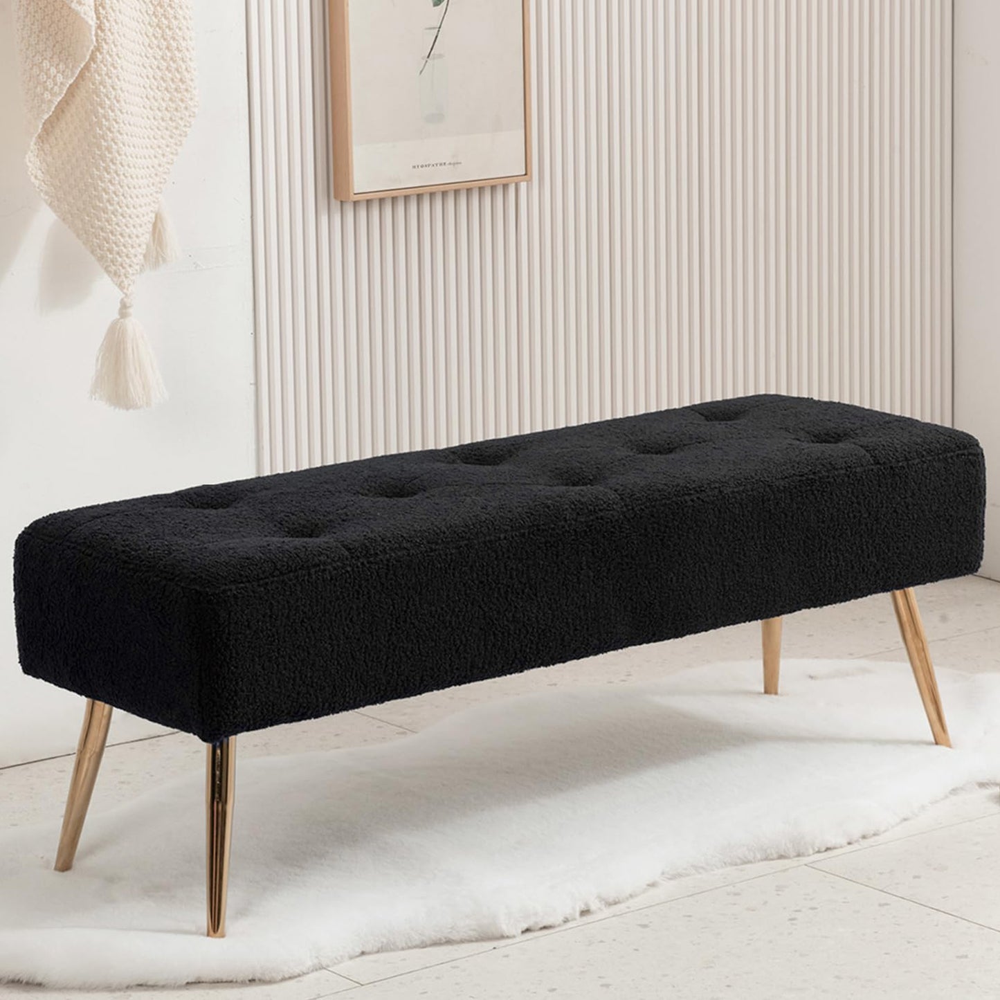 SYNGAR Upholstered Bench, Modern Leather Entryway Bench Seat Footstool, Rectangular End of Bed Bench with Wood Legs, Ottoman Bench Seat for Bedroom Living Room Hallway, White