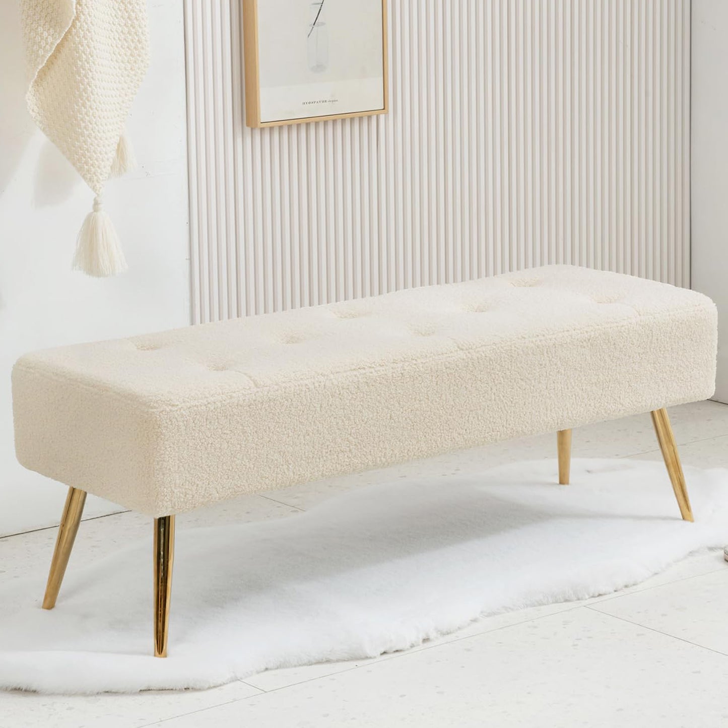 SYNGAR Upholstered Bench, Modern Leather Entryway Bench Seat Footstool, Rectangular End of Bed Bench with Wood Legs, Ottoman Bench Seat for Bedroom Living Room Hallway, White