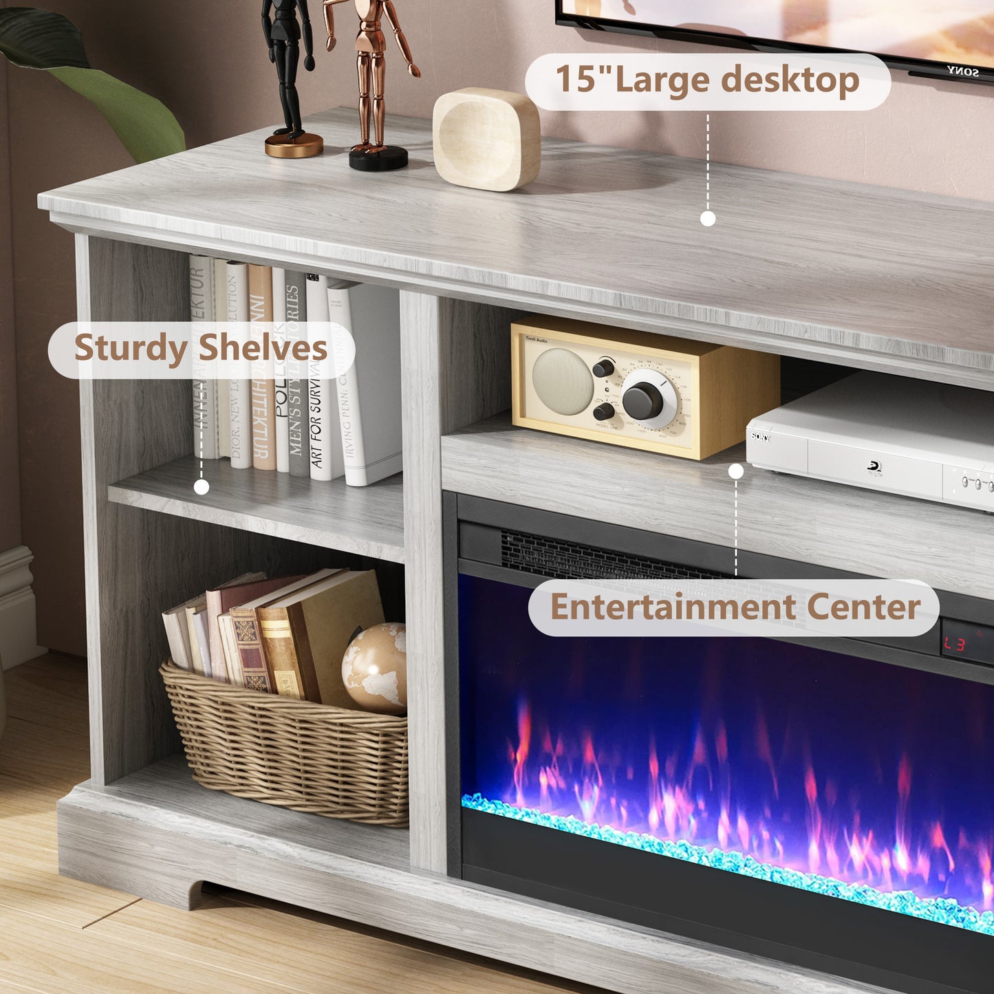 SYNGAR Electric Fireplace TV Stand for 65" TV, Wood Entertainment Center With Fireplace for Living Room, Modern TV Console with Storage Shelves and Glass Doors, Media Console, TV Cabinet, Espresso