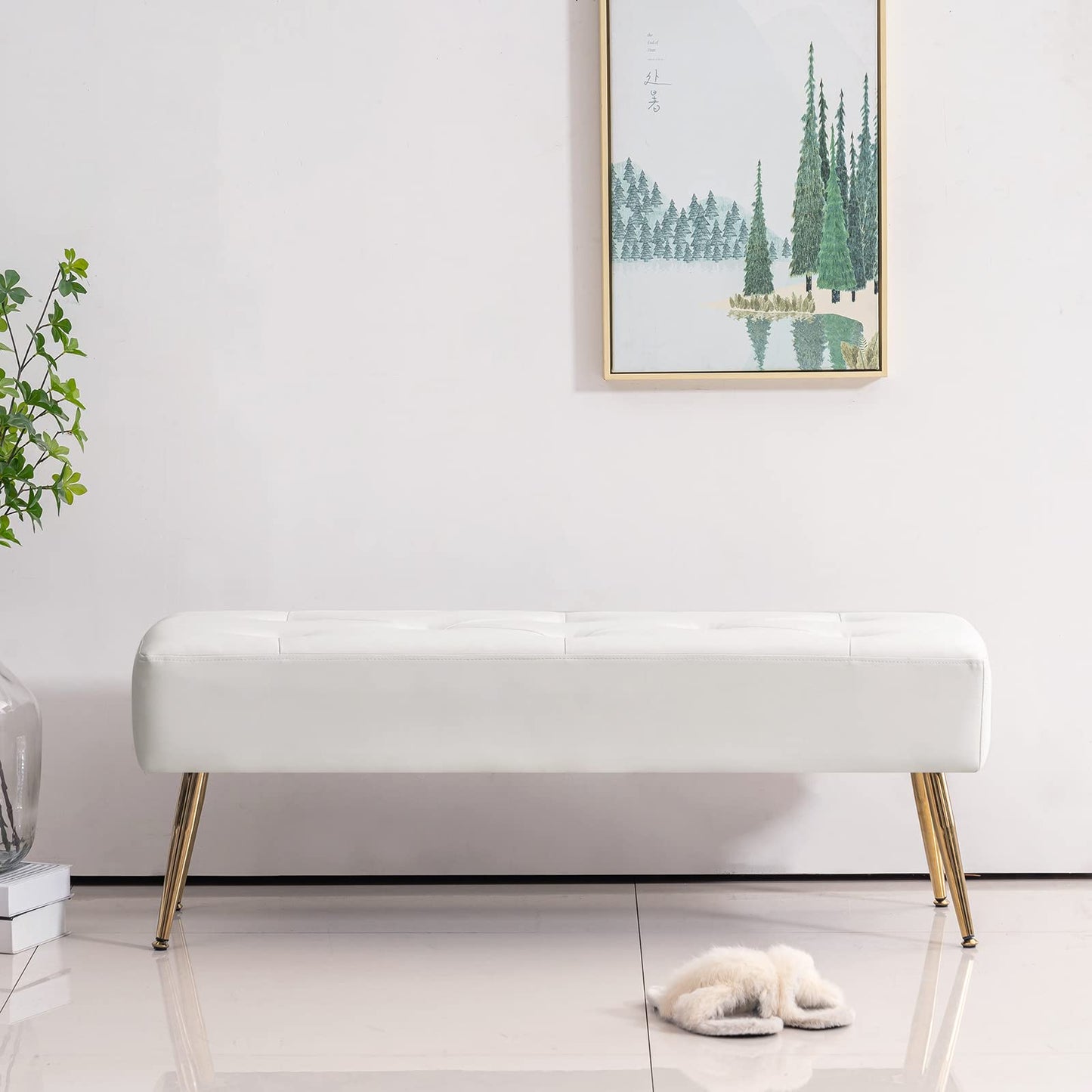 SYNGAR Upholstered Bench, Modern Leather Entryway Bench Seat Footstool, Rectangular End of Bed Bench with Wood Legs, Ottoman Bench Seat for Bedroom Living Room Hallway, White