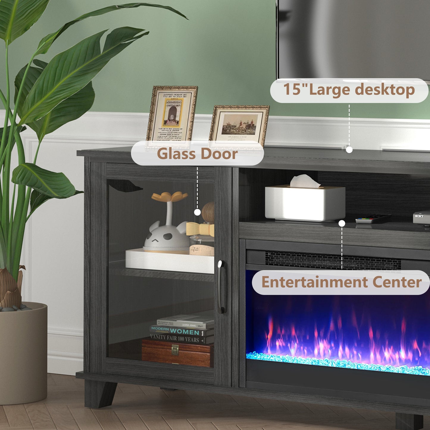SYNGAR Electric Fireplace TV Stand for 65" TV, Wood Entertainment Center With Fireplace for Living Room, Modern TV Console with Storage Shelves and Glass Doors, Media Console, TV Cabinet, Espresso