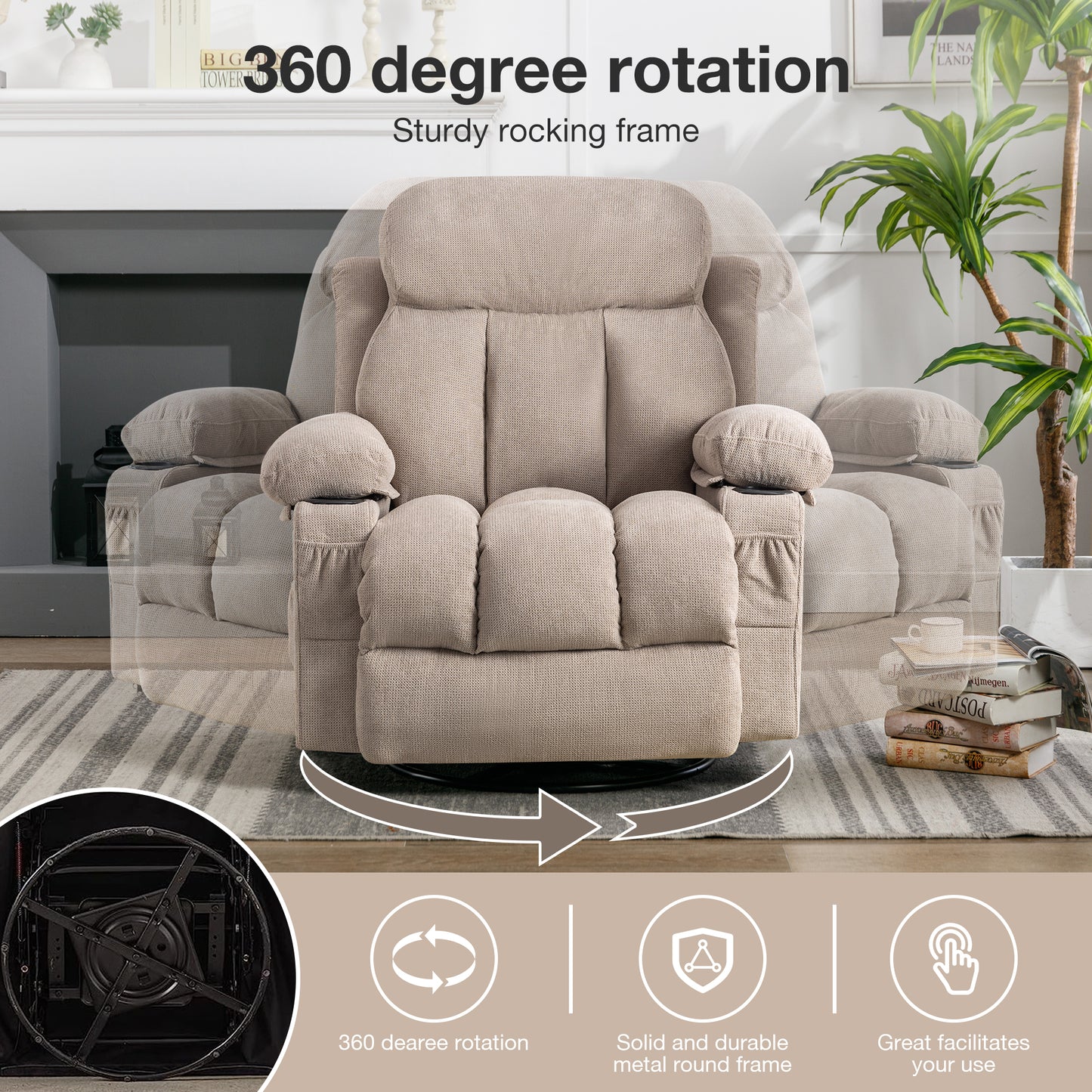 SYNGAR Oversized Recliner Chair, 360° Swivel Rocker Reclining Chair with Massage and Heat Function, USB, Cup Holders and Side Pockets, Living Room Single Sofa Seat Nursery Lounge Chair, Grey