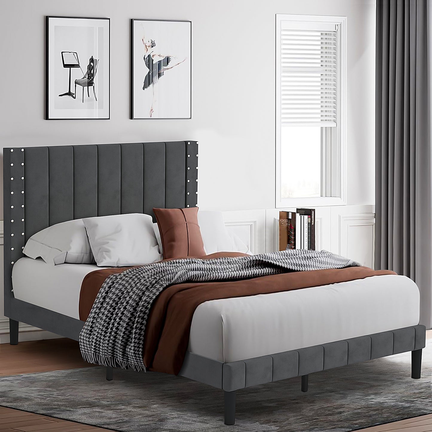 SYNGAR Full Bed Frame, New Upgrade Full Size Fabric Upholstered Platform Bed Frame with Elegant Headboard, Bedroom Furniture Wooden Frame Platform Bed Frame, No Box Spring Needed, Dark Gray