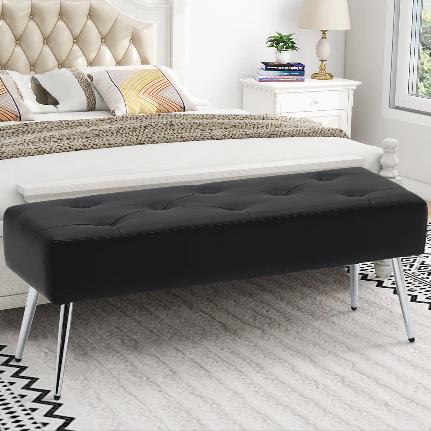 SYNGAR Upholstered Bench, Modern Leather Entryway Bench Seat Footstool, Rectangular End of Bed Bench with Wood Legs, Ottoman Bench Seat for Bedroom Living Room Hallway, White
