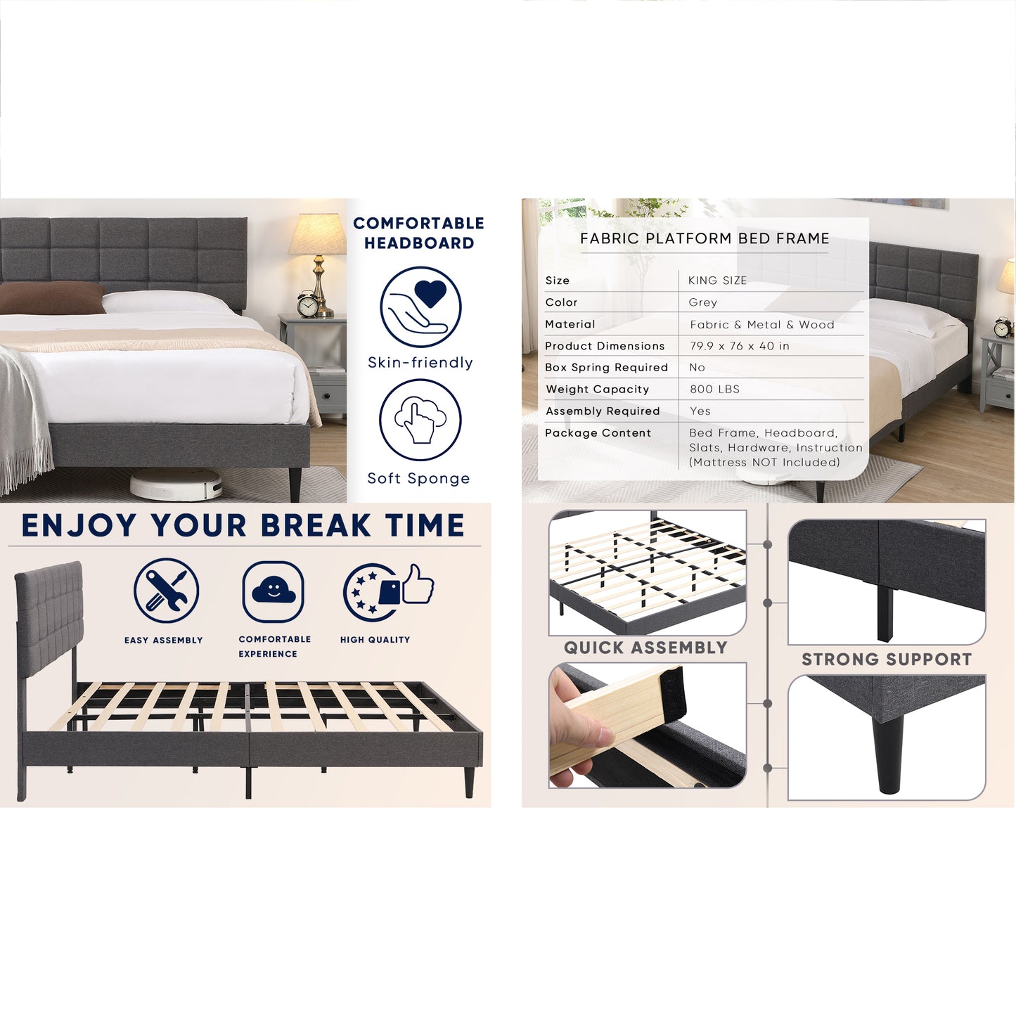 SYNGAR King Size Bed Frame, Modern Upholstered Tufted Platform Bed Frame with Headboard and Strong Support Legs for Bedroom, No Box Spring Needed, Easy Assembly, Dark Gray