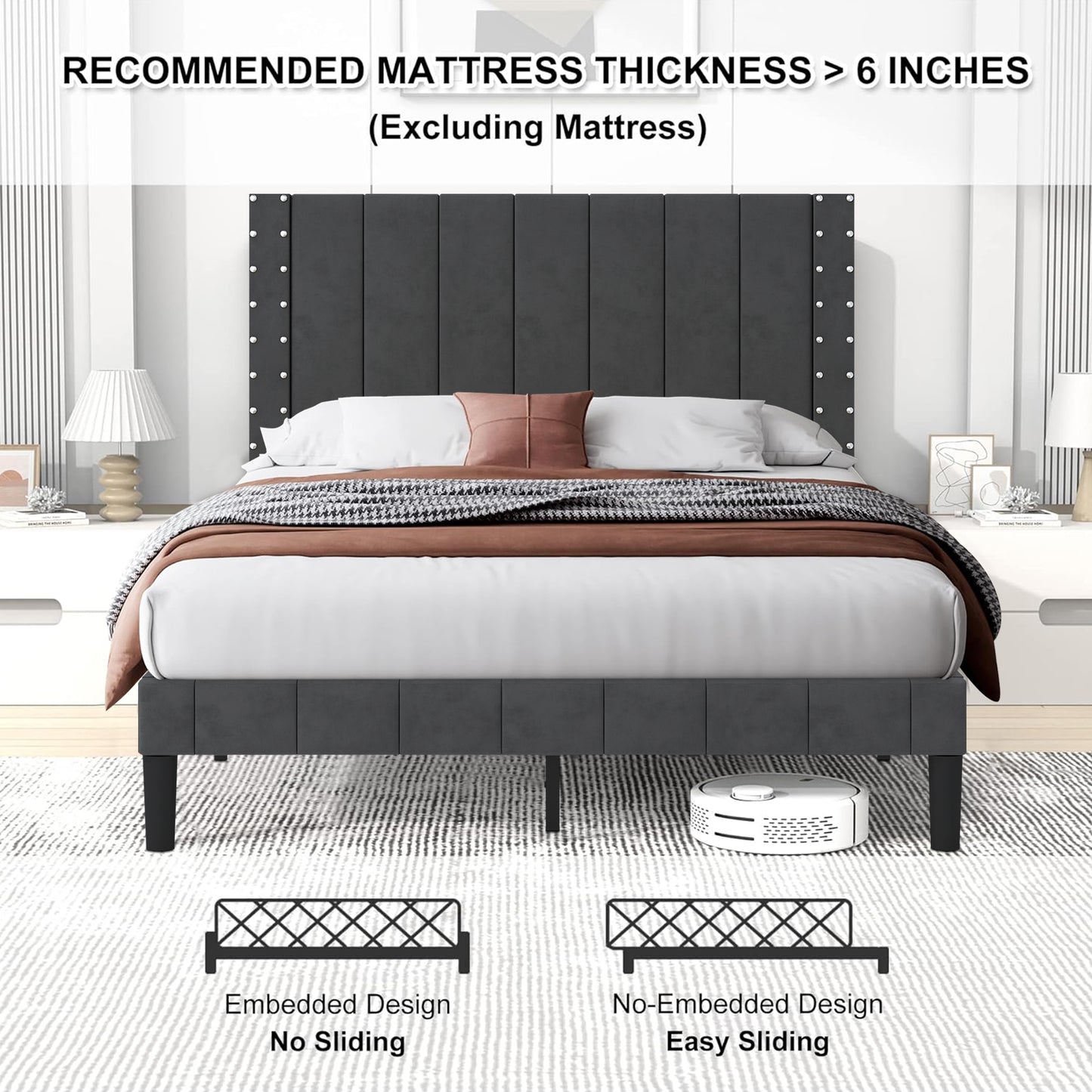 SYNGAR Full Bed Frame, New Upgrade Full Size Fabric Upholstered Platform Bed Frame with Elegant Headboard, Bedroom Furniture Wooden Frame Platform Bed Frame, No Box Spring Needed, Dark Gray