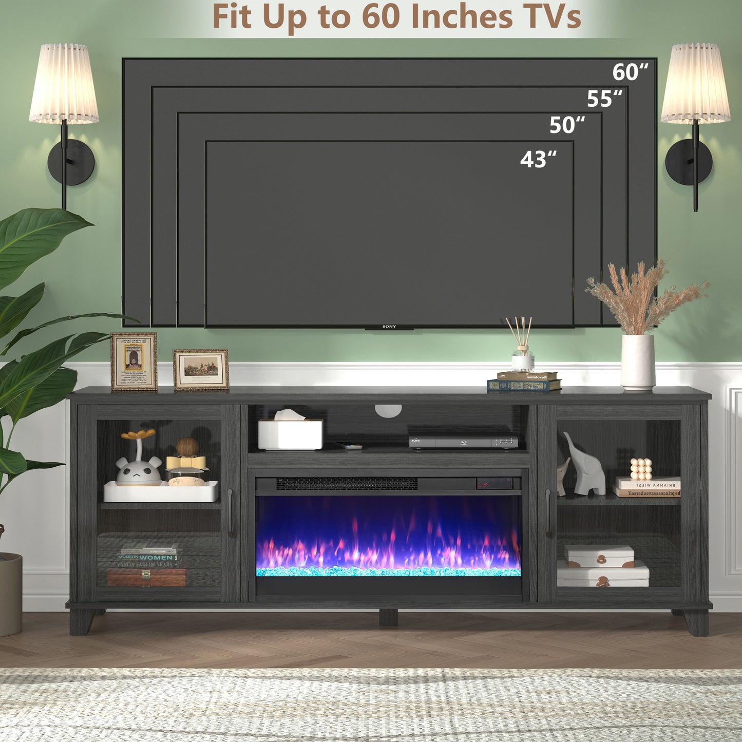 SYNGAR Electric Fireplace TV Stand for 65" TV, Wood Entertainment Center With Fireplace for Living Room, Modern TV Console with Storage Shelves and Glass Doors, Media Console, TV Cabinet, Espresso
