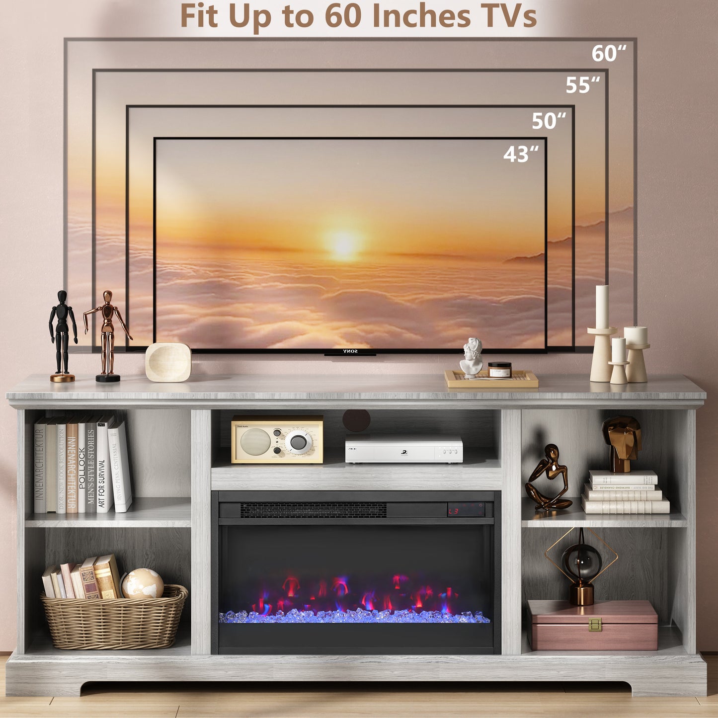 SYNGAR Electric Fireplace TV Stand for 65" TV, Wood Entertainment Center With Fireplace for Living Room, Modern TV Console with Storage Shelves and Glass Doors, Media Console, TV Cabinet, Espresso