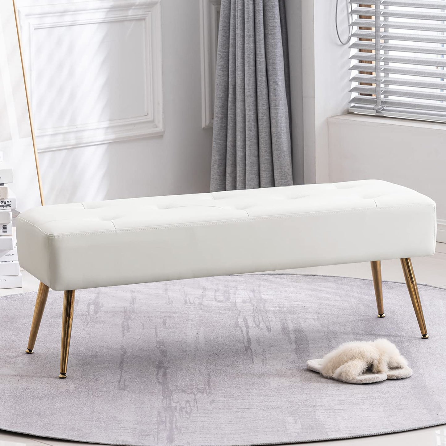SYNGAR Upholstered Bench, Modern Leather Entryway Bench Seat Footstool, Rectangular End of Bed Bench with Wood Legs, Ottoman Bench Seat for Bedroom Living Room Hallway, White