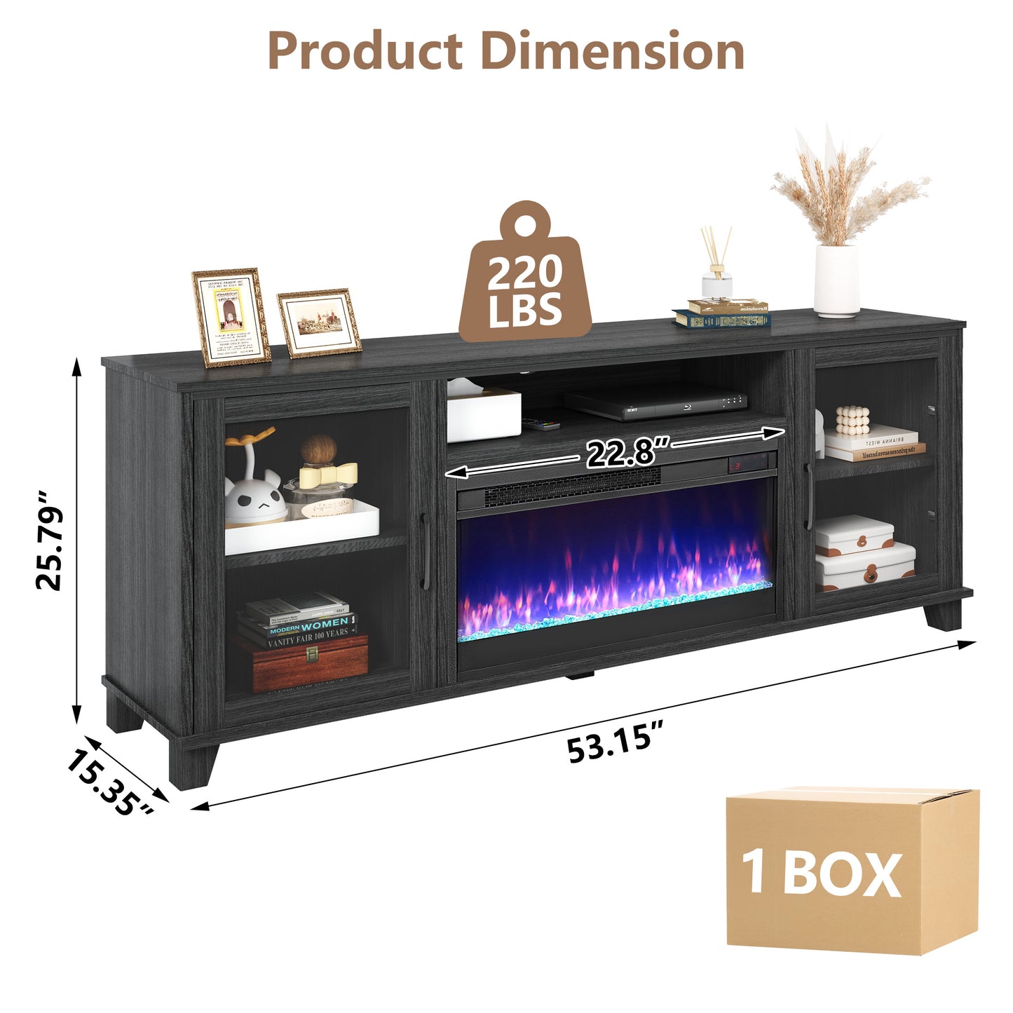 SYNGAR Electric Fireplace TV Stand for 65" TV, Wood Entertainment Center With Fireplace for Living Room, Modern TV Console with Storage Shelves and Glass Doors, Media Console, TV Cabinet, Espresso