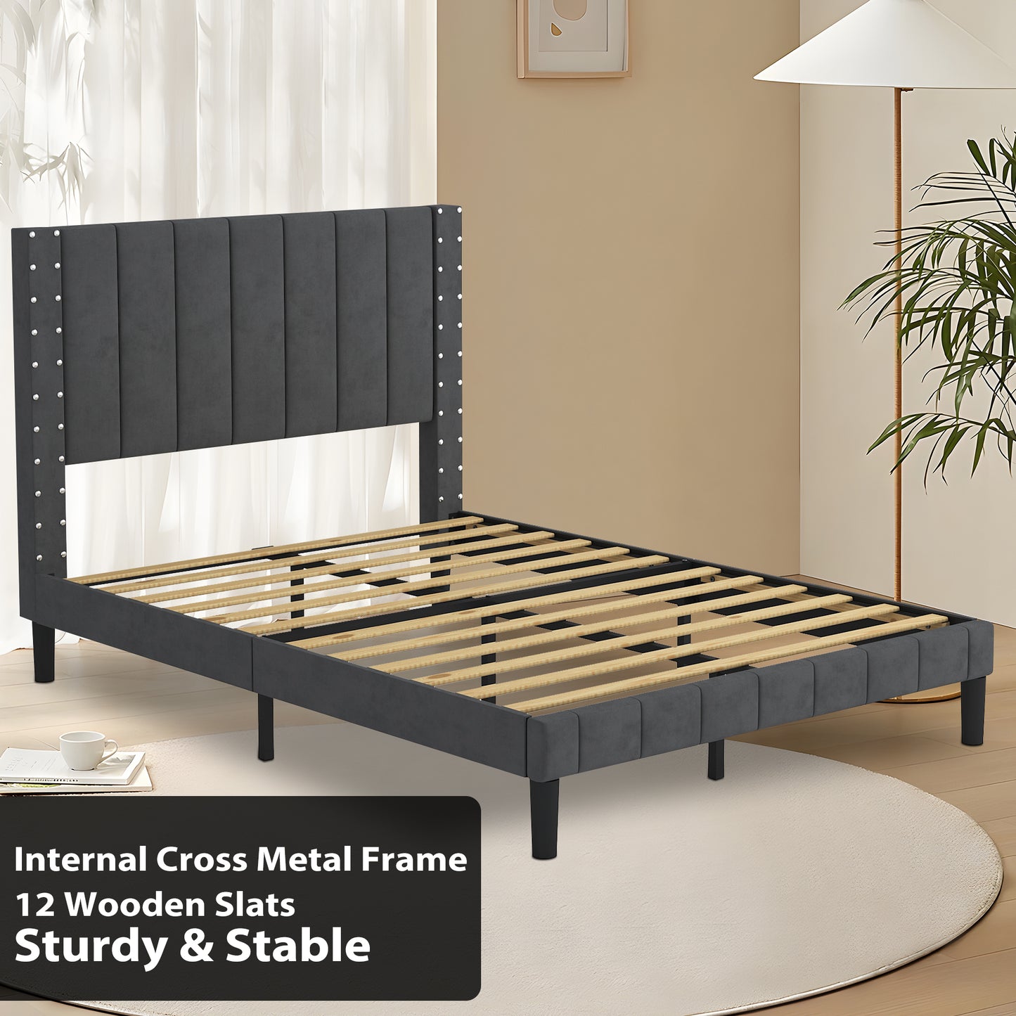 SYNGAR Full Bed Frame, New Upgrade Full Size Fabric Upholstered Platform Bed Frame with Elegant Headboard, Bedroom Furniture Wooden Frame Platform Bed Frame, No Box Spring Needed, Dark Gray