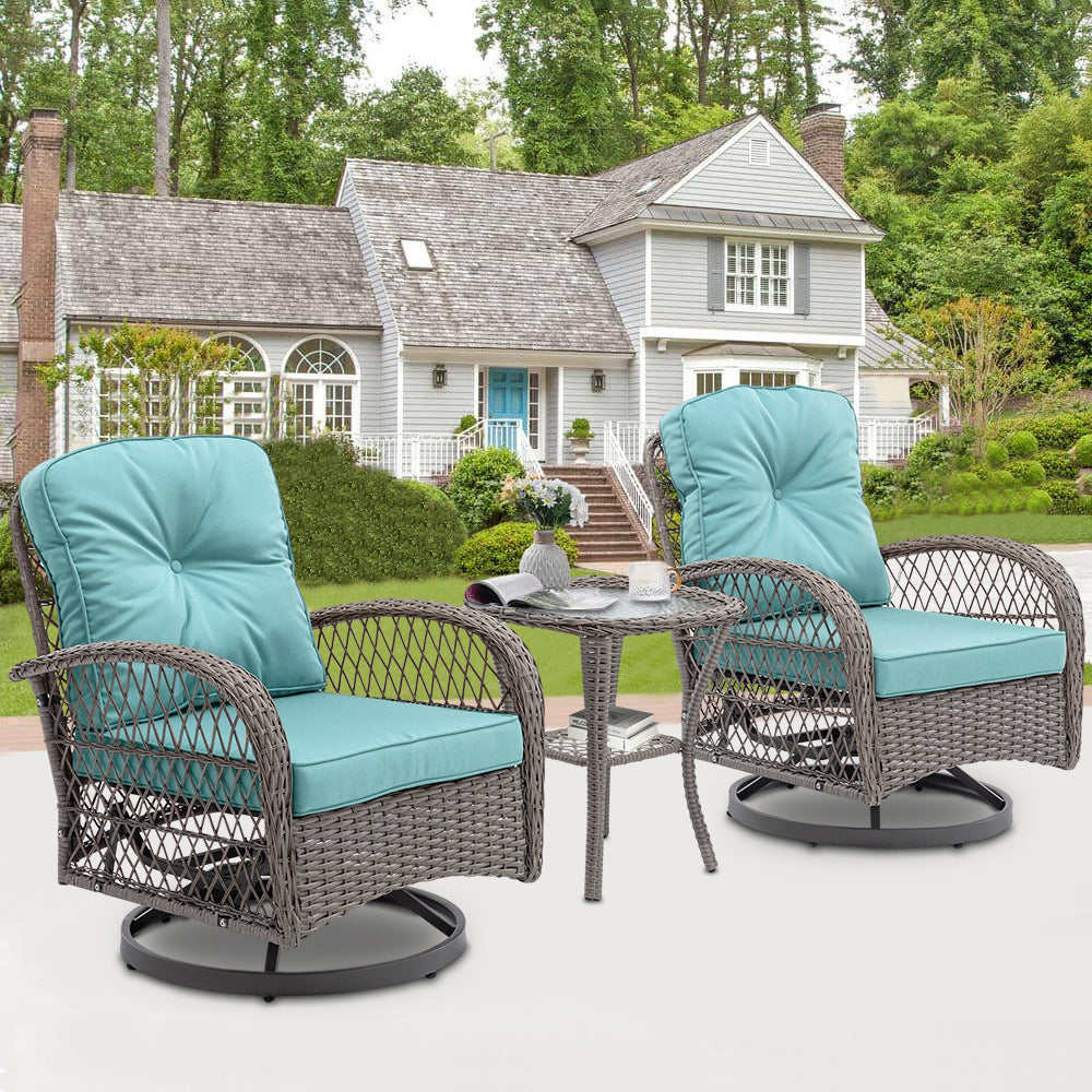 3 Piece Patio Swivel Rocker Chairs Set, 2 360-Degree Swivel Rocking Chairs with 1 Glass Top Table, PE Rattan Outdoor Bistro Set with Cushions for Balcony Deck Poolside Backyard Porch