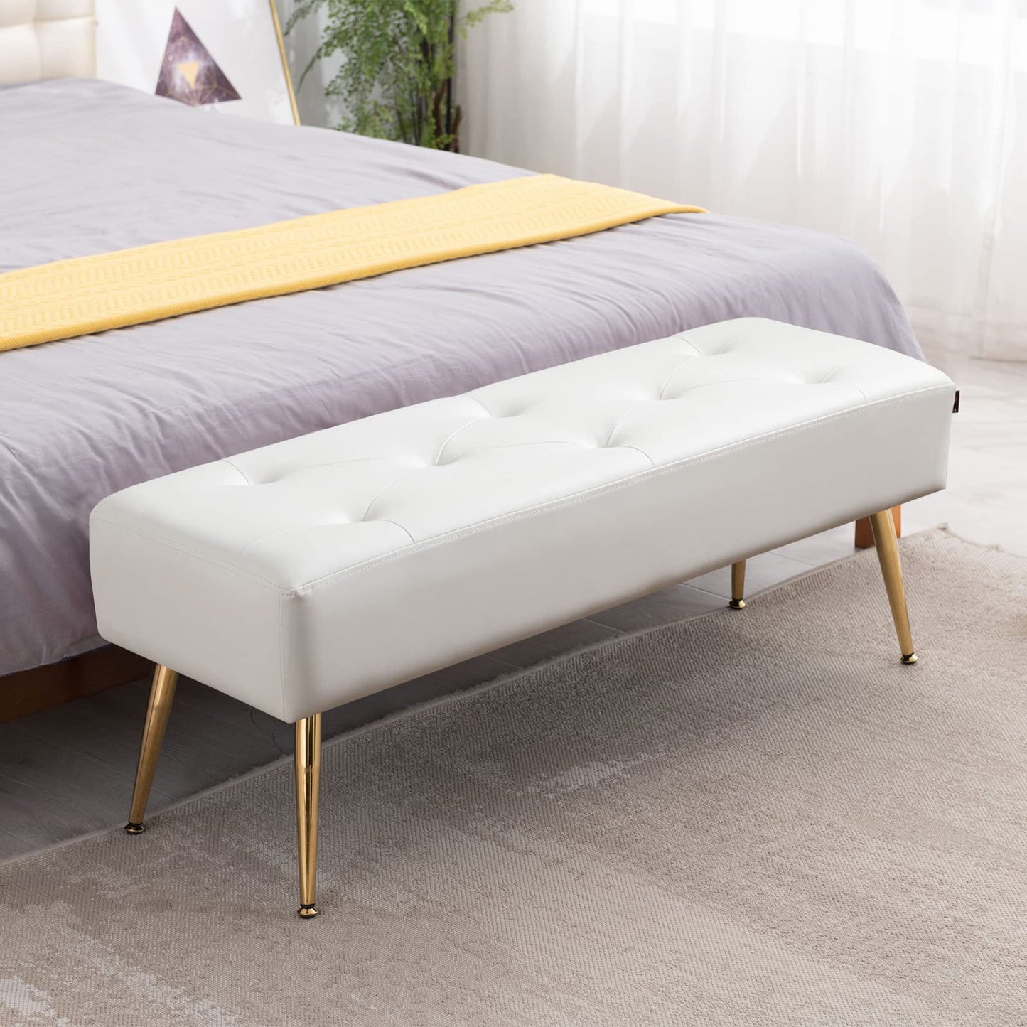 SYNGAR Upholstered Bench, Modern Leather Entryway Bench Seat Footstool, Rectangular End of Bed Bench with Wood Legs, Ottoman Bench Seat for Bedroom Living Room Hallway, White