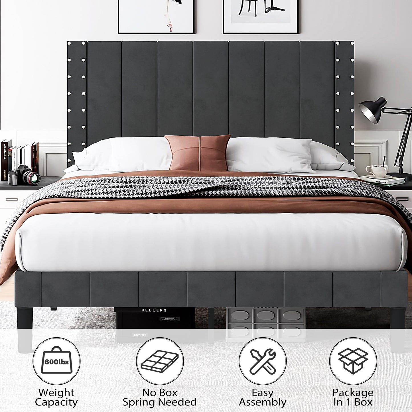 SYNGAR Full Bed Frame, New Upgrade Full Size Fabric Upholstered Platform Bed Frame with Elegant Headboard, Bedroom Furniture Wooden Frame Platform Bed Frame, No Box Spring Needed, Dark Gray