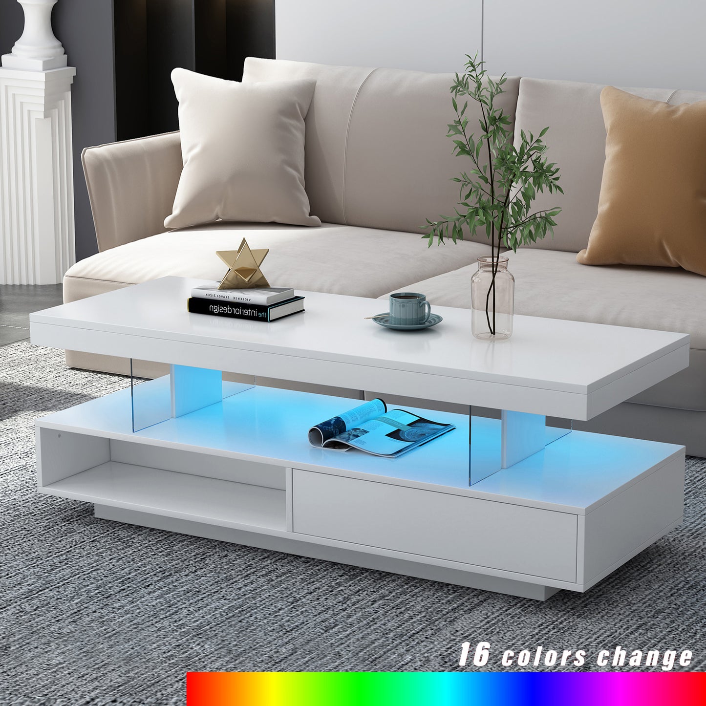 SYNGAR Coffee Table with LED Light, Modern High Glossy Living Room Tables with 2 Drawers and Open Shelves, Wood Storage Coffee Table with Tempered Glass for Bedroom and Office, White