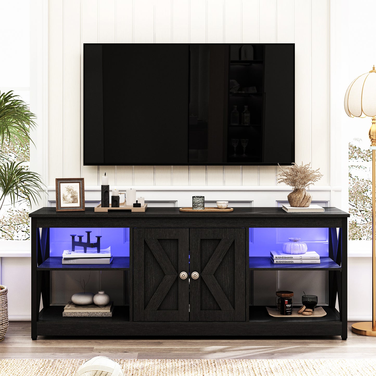 SYNGAR TV Stands for 60" TVs, Farmhouse TV Console with Remote Control LED Light, Wood TV Cabinet with Drawers and Adjustable Shelves, Entertainment Center, Vintage Handle, Anti-Skid Pad, White