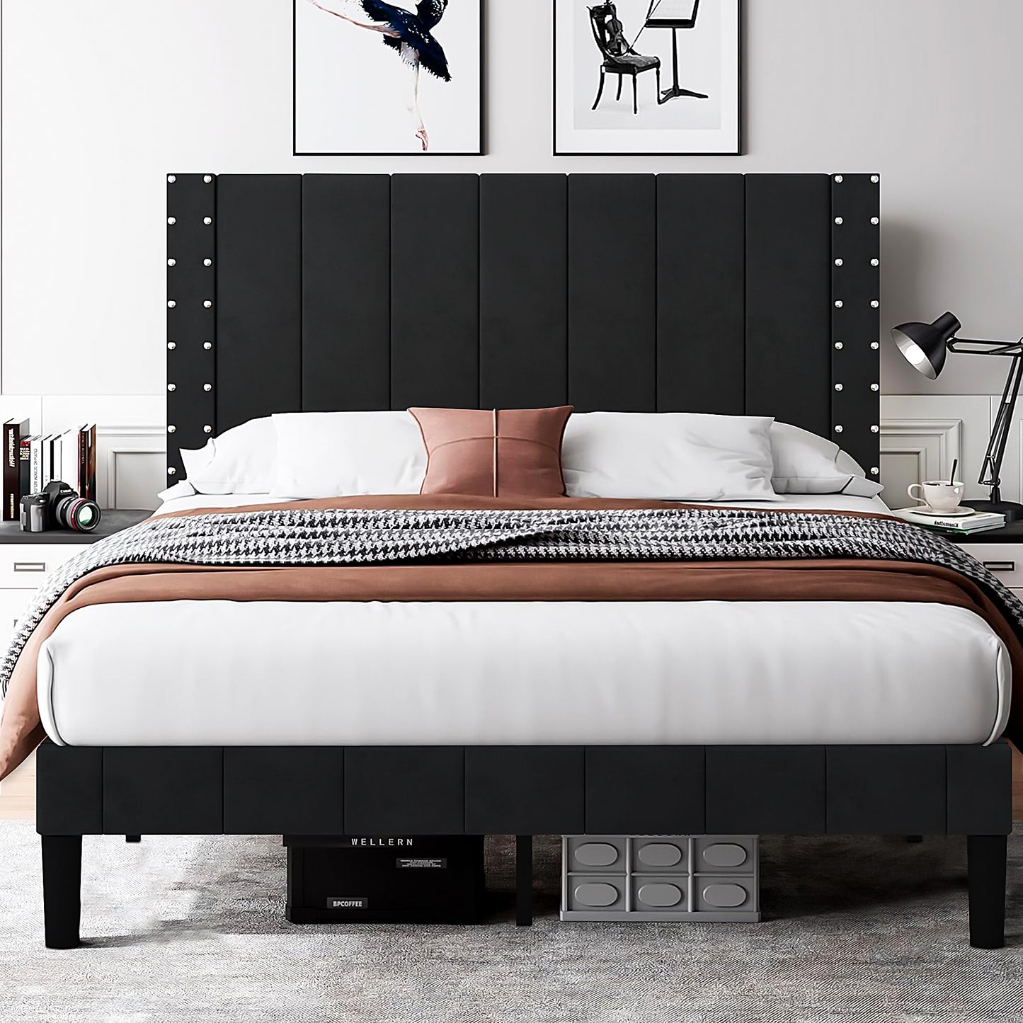 SYNGAR Full Bed Frame, New Upgrade Full Size Fabric Upholstered Platform Bed Frame with Elegant Headboard, Bedroom Furniture Wooden Frame Platform Bed Frame, No Box Spring Needed, Dark Gray
