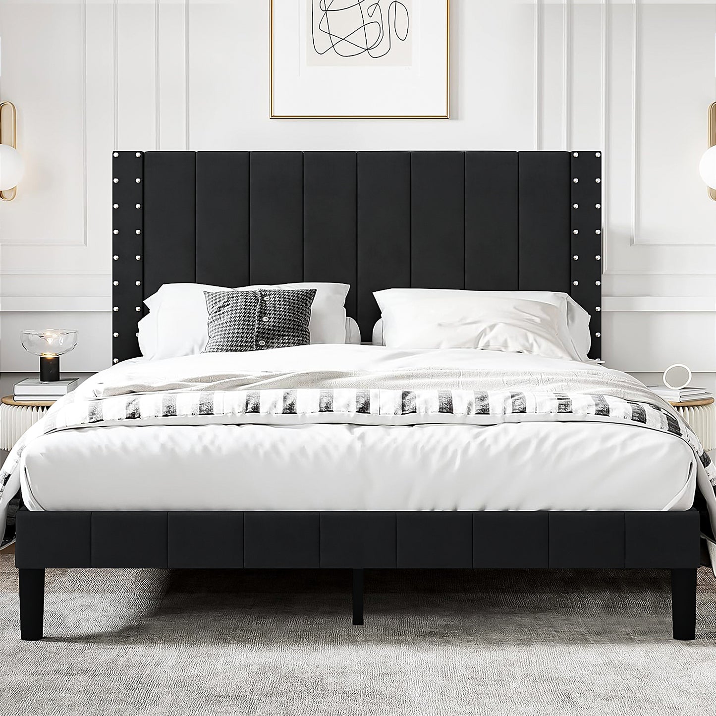 SYNGAR Full Bed Frame, New Upgrade Full Size Fabric Upholstered Platform Bed Frame with Elegant Headboard, Bedroom Furniture Wooden Frame Platform Bed Frame, No Box Spring Needed, Dark Gray